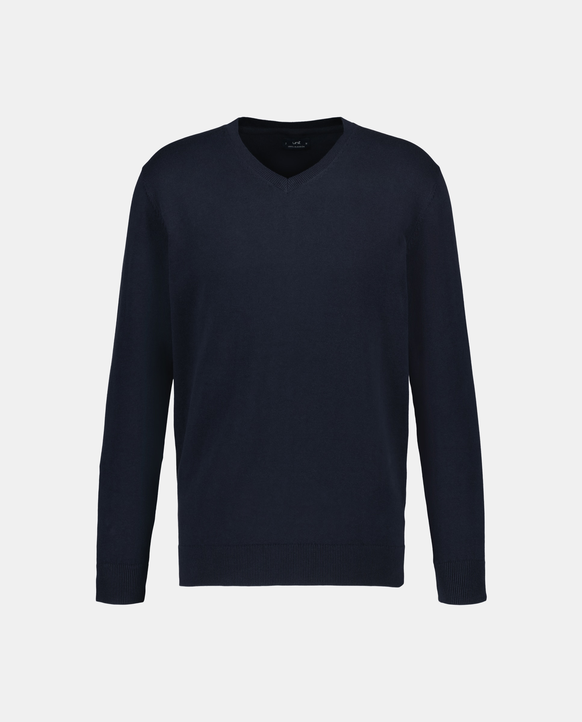 Jersey de hombre cuello pico liso algodón 100% Azul marino-4