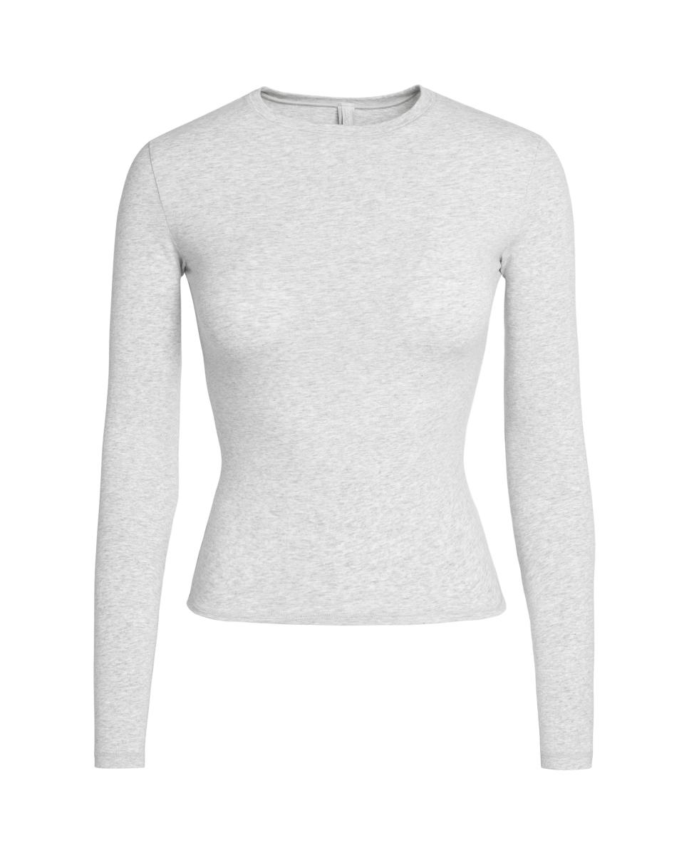 T-shirt de Manga Comprida de Algodão Suave e Transpirável, Ideal para Criar Looks Cómodos e Versáteis. Cinzento-claro-4