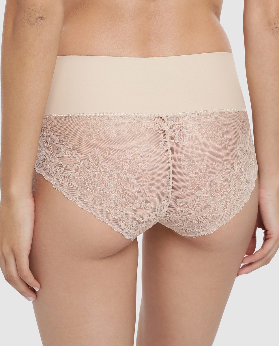 Cueca de Cintura Subida Tipo Cinta Tummy Shapewear de Renda Bege-2