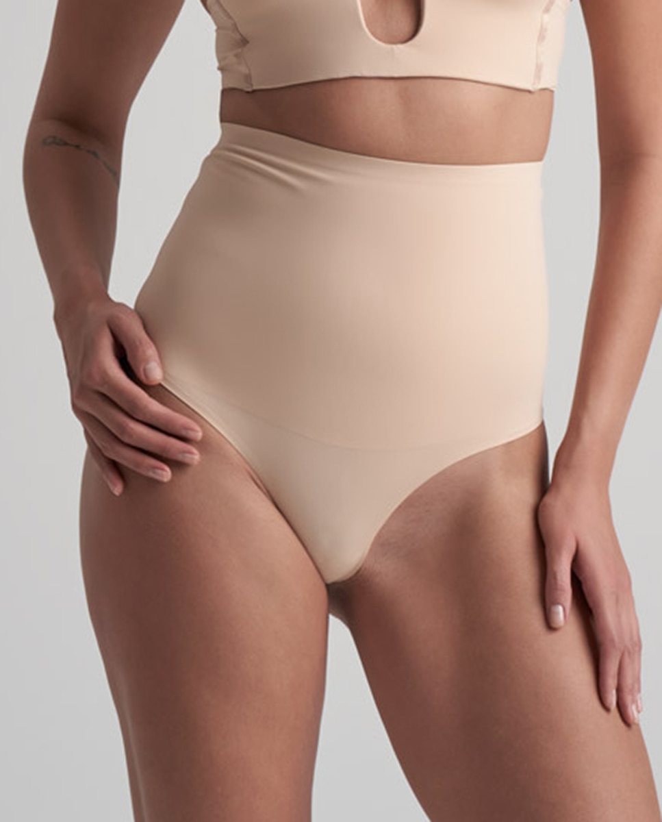 Tanga Adelgaçante de Controlo Super Firme de Abdómen e Torso de Cintura Subida Bege-1