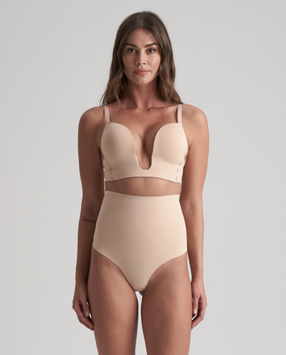 Tanga Adelgaçante de Controlo Super Firme de Abdómen e Torso de Cintura Subida Bege-4