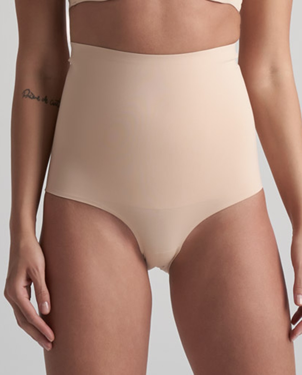 Cueca Adelgaçante de Controlo Super Firme de Abdómen e Tronco com Cintura Subida Bege-1
