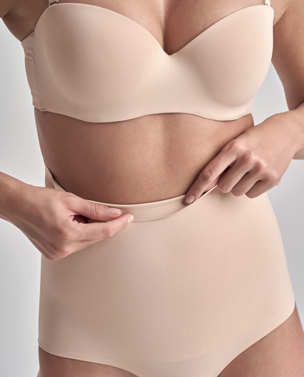 Cueca Adelgaçante de Controlo Super Firme de Abdómen e Tronco com Cintura Subida Bege-3