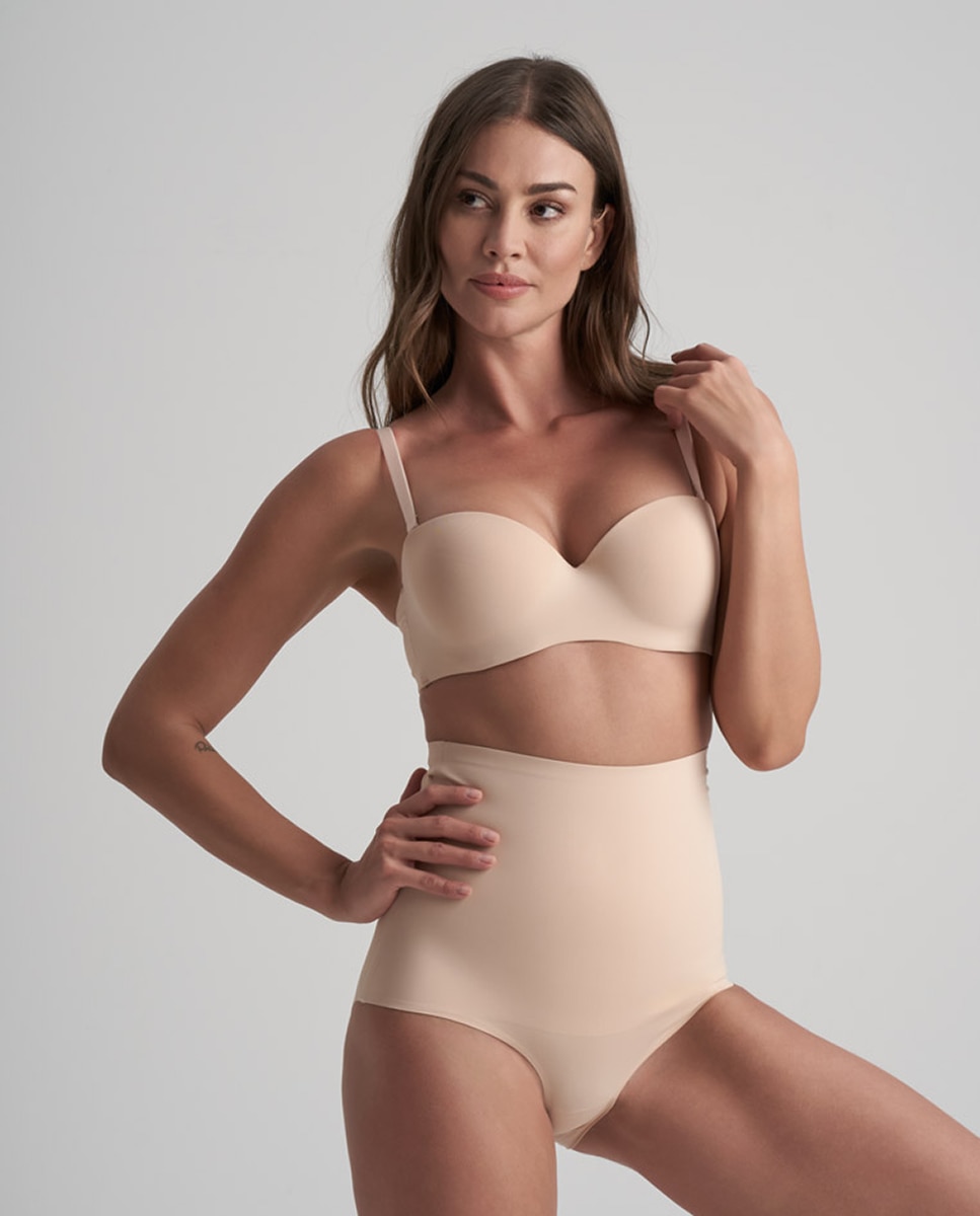 Cueca Adelgaçante de Controlo Super Firme de Abdómen e Tronco com Cintura Subida Bege-5