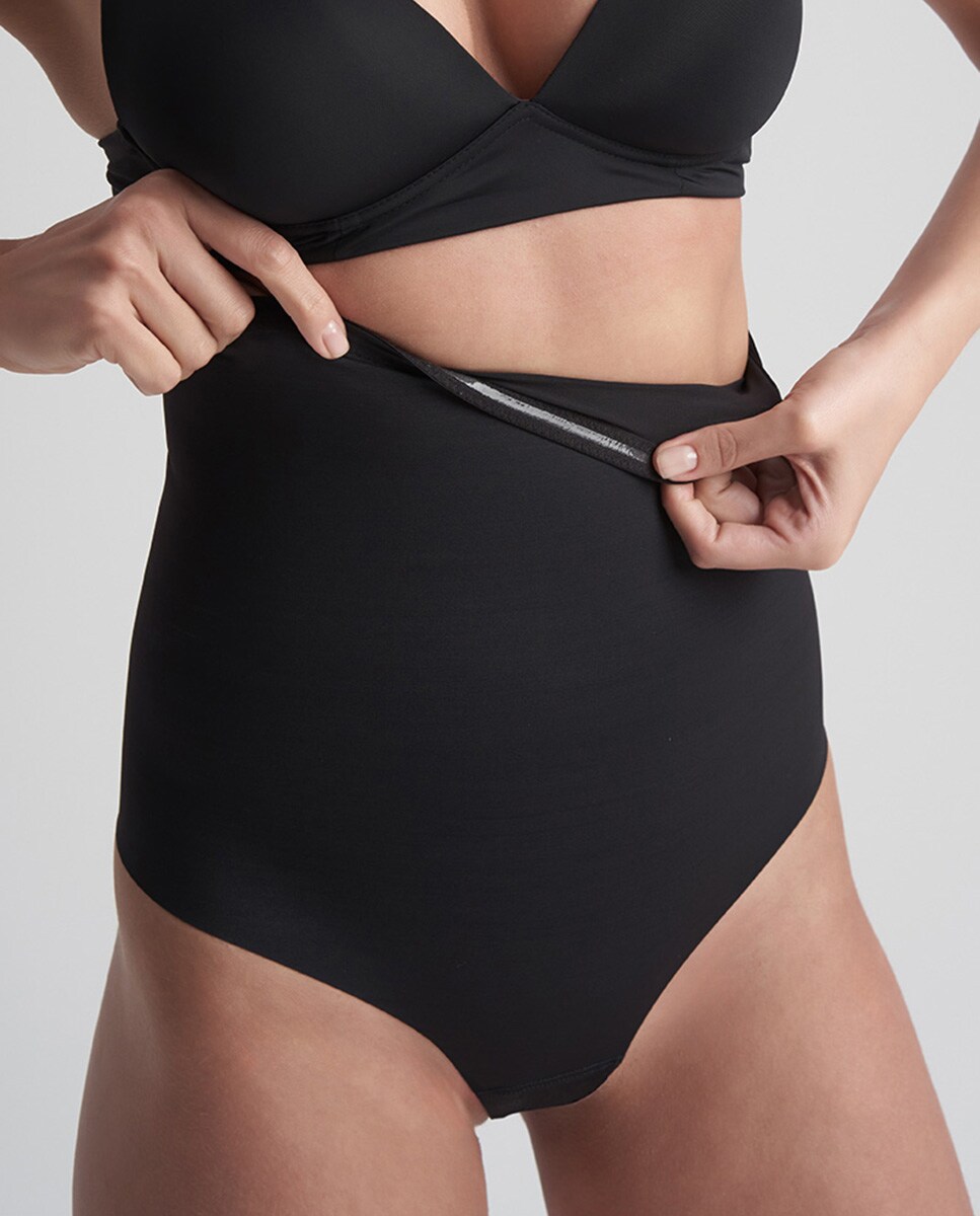 Tanga Adelgaçante de Controlo Firme com Cintura Subida e sem Costuras Preto-3