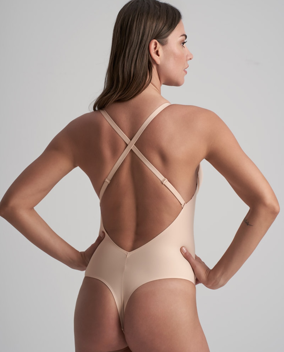 Body Adelgaçante de Controlo Ligeiro, Tanga e Soutien sem Costas Bege-2
