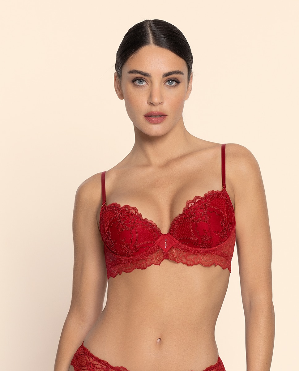 Imagen 0 de Sujetador con aros y relleno bordado de mujer Rojo
