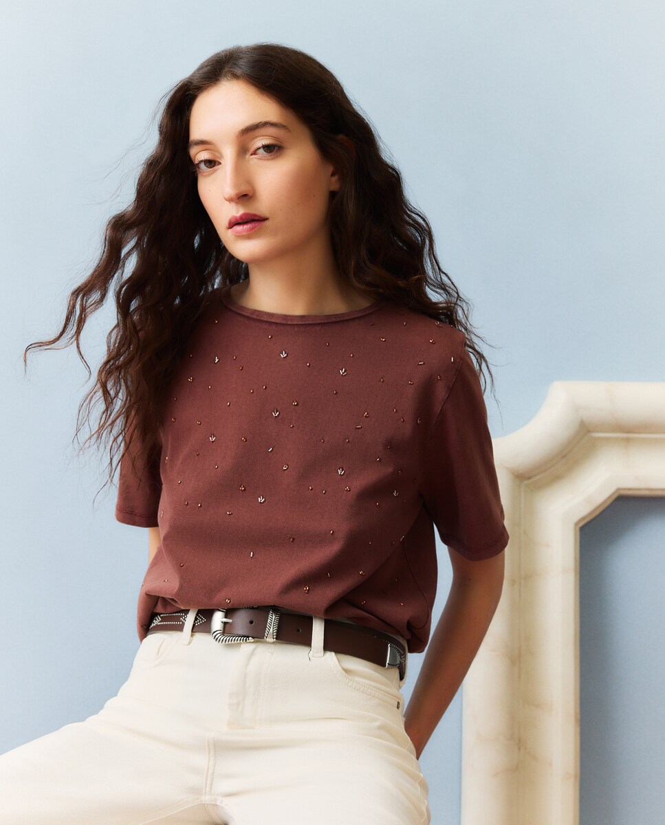 Imagen 0 de Camiseta de mujer estampada Visón claro