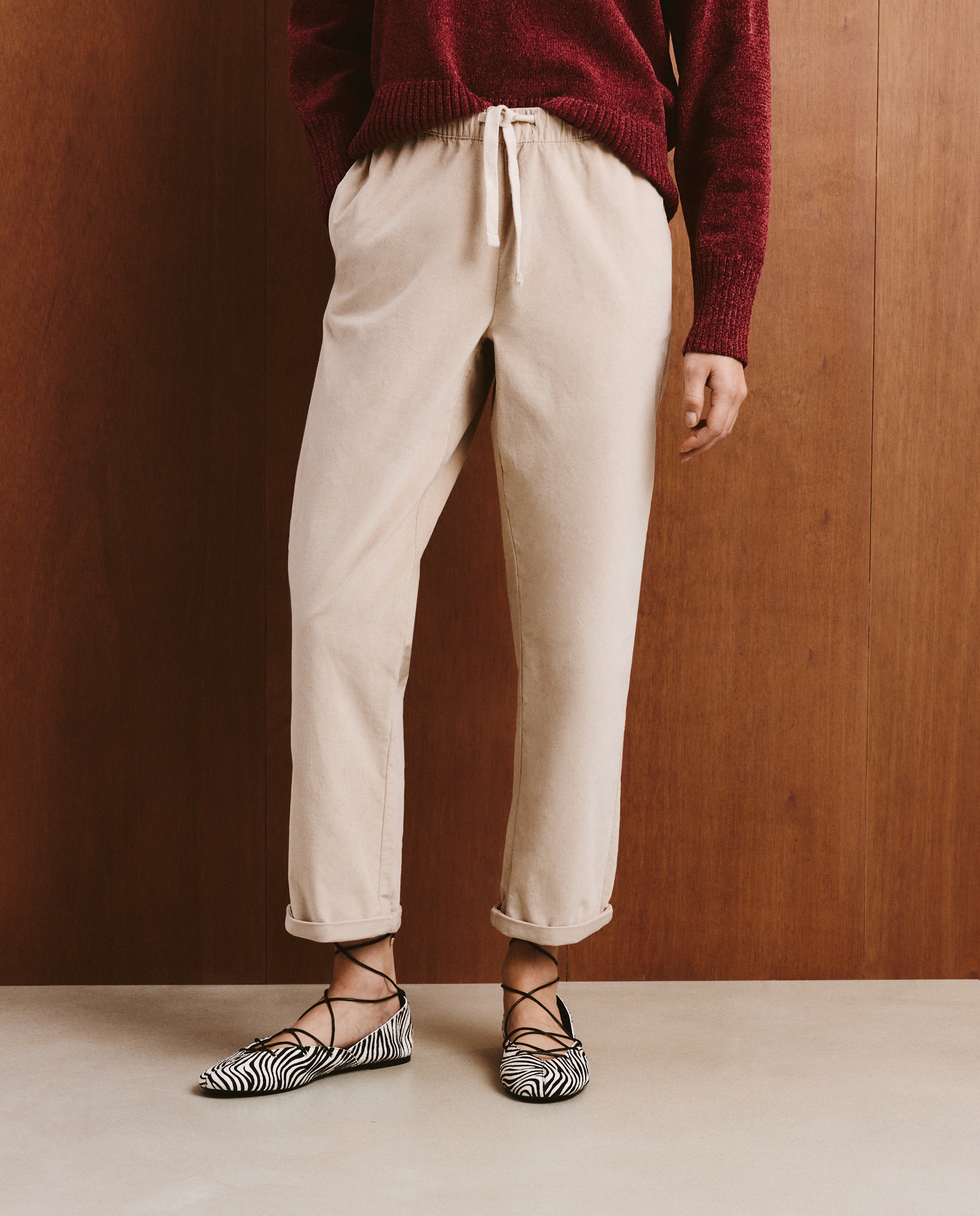 Calças de Bombazina Lisas Bege-2