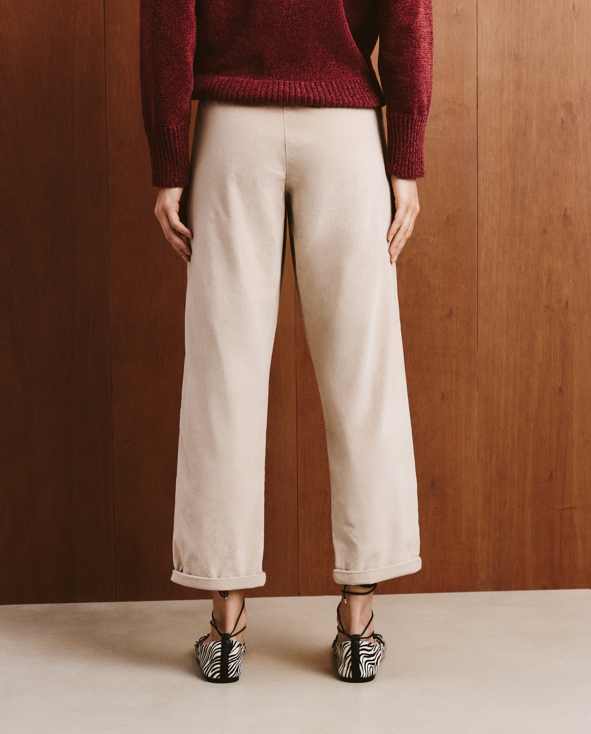 Calças de Bombazina Lisas Bege-3