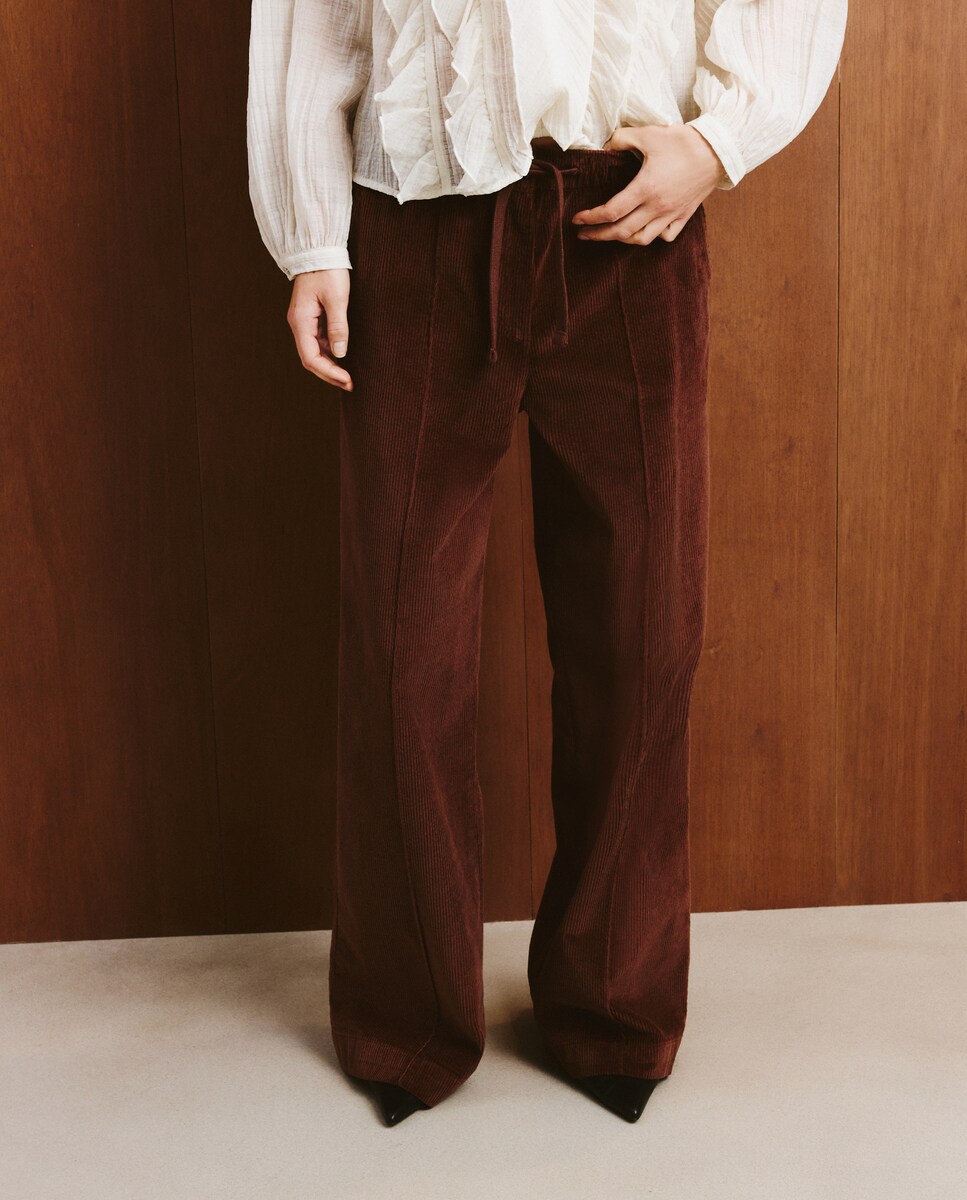 Calças Largas em Bombazina Castanho-2