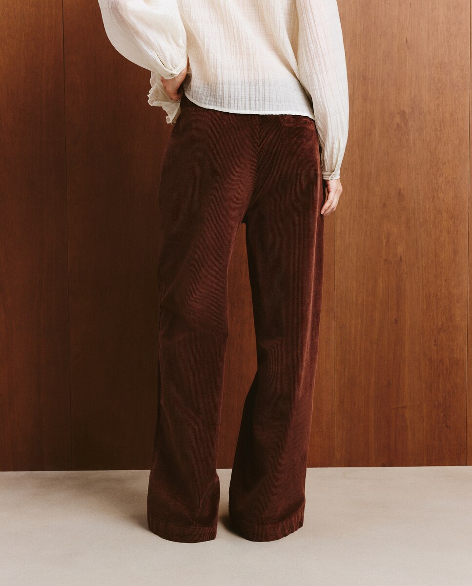 Calças Largas em Bombazina Castanho-3