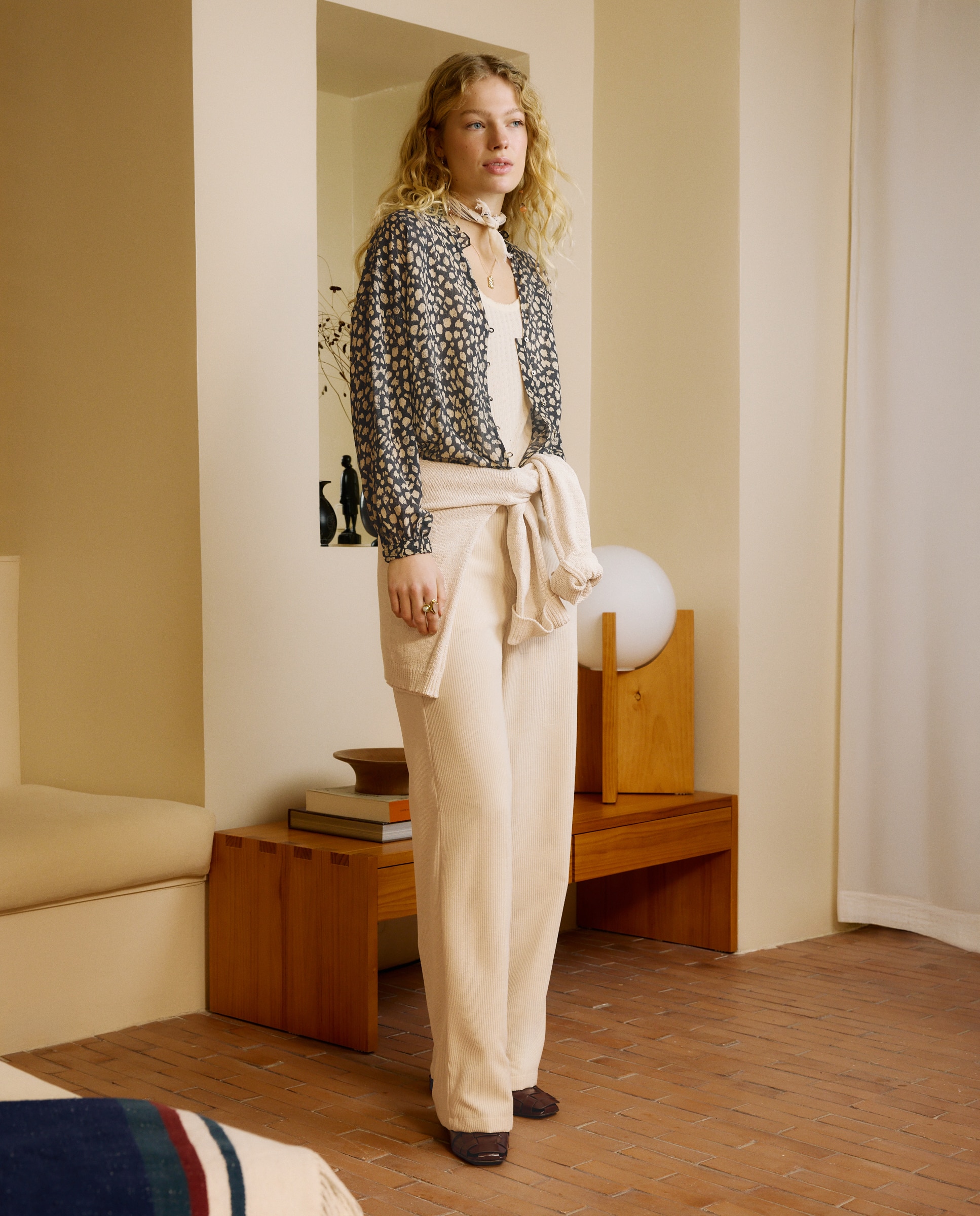 Pantalón de mujer ancho de pana fluida - Southern Cotton - Blanco roto Blanco roto-1