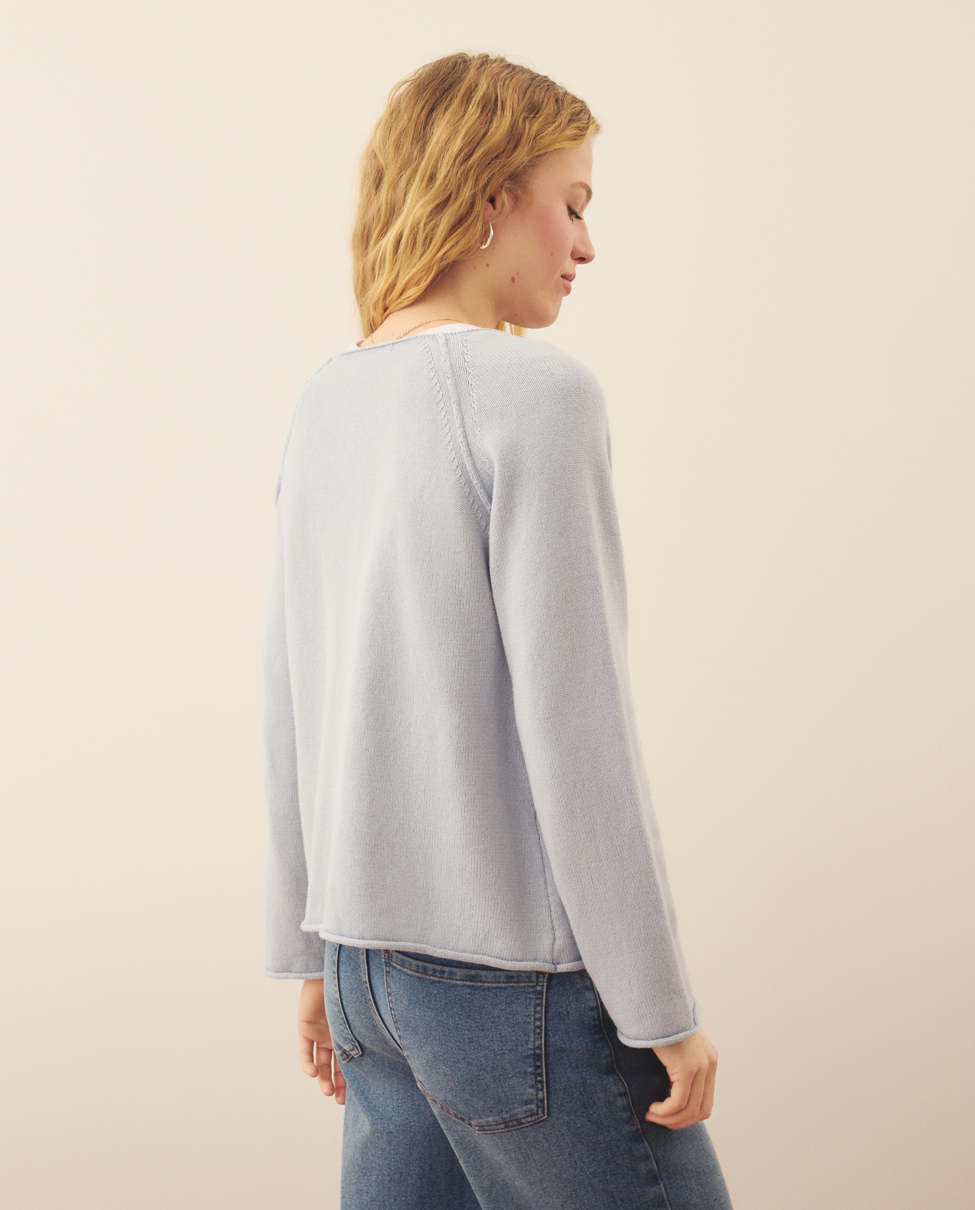 Camisola de Malha Básica de Algodão 410 Azul Claro-3
