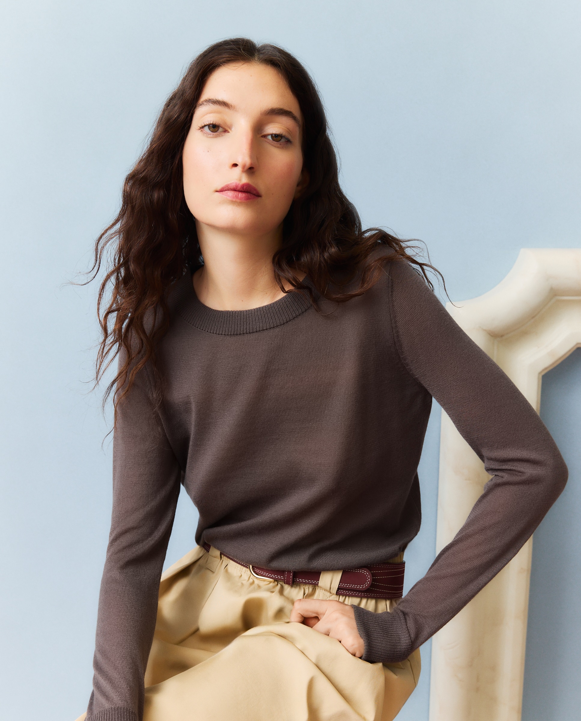 Camisola de Malha Básica com Decote Redondo Vison Claro-1