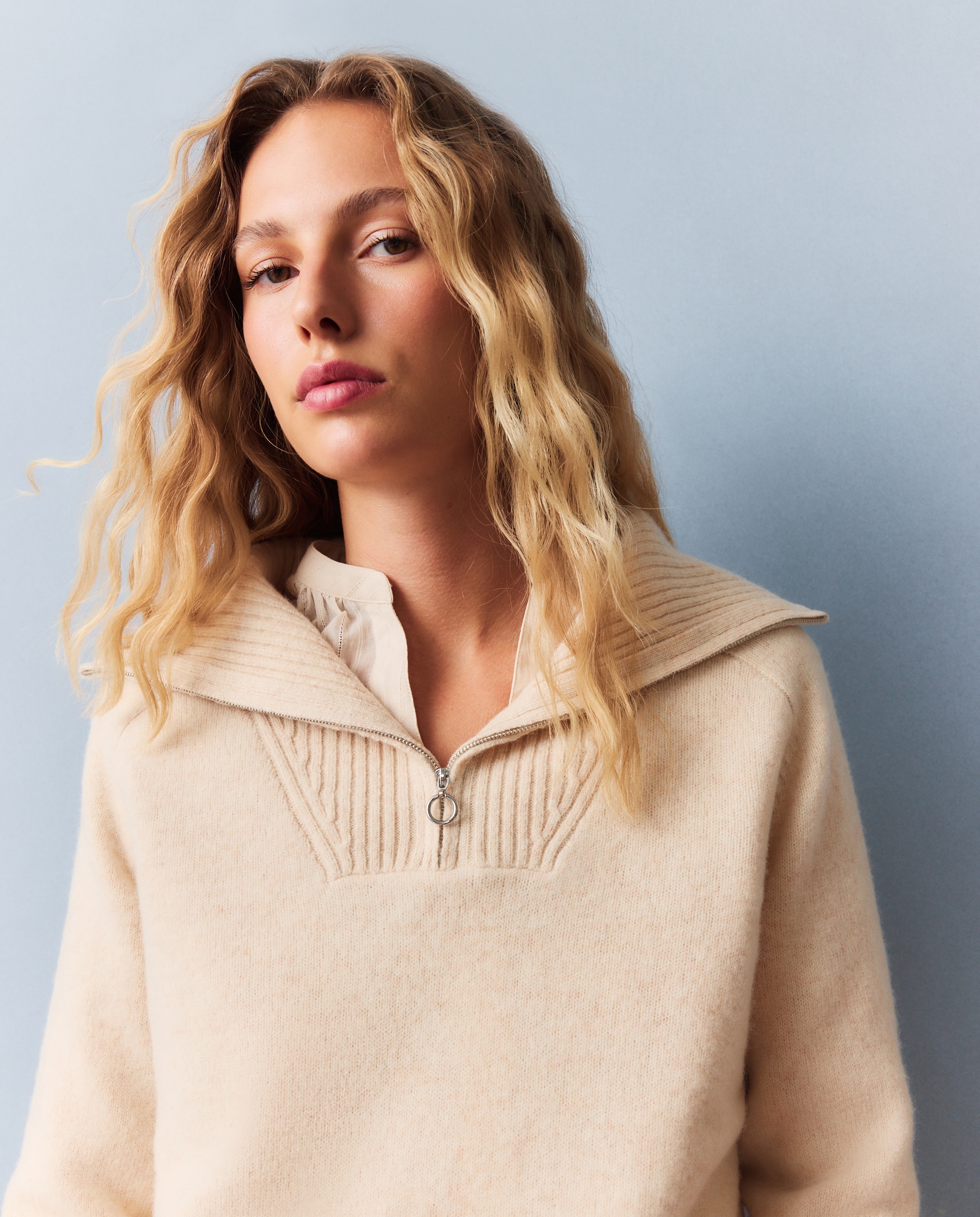 Jersey de mujer lana con cuello cremallera - Southern Cotton - Beige Beige-1