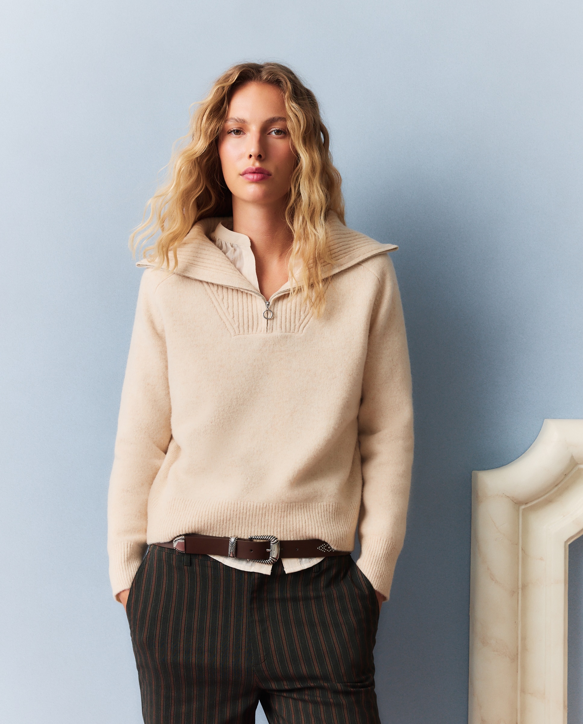Jersey de mujer lana con cuello cremallera - Southern Cotton - Beige Beige-2