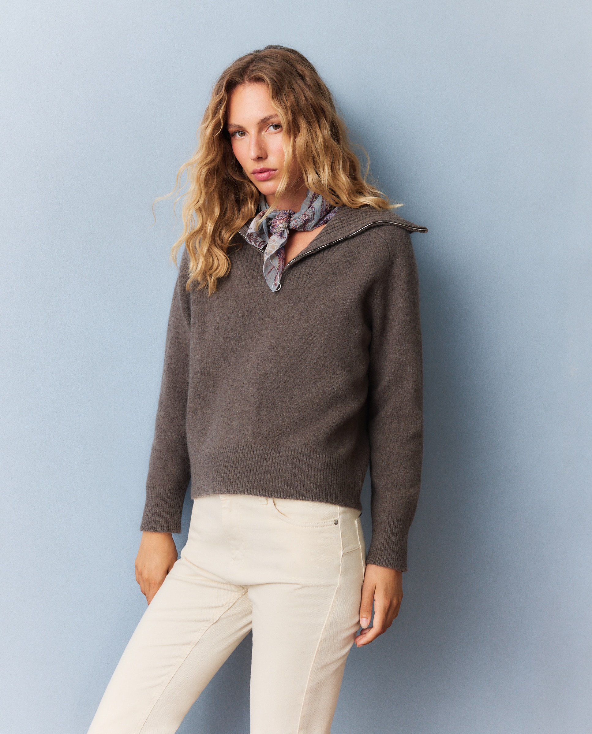 Jersey de mujer lana con cuello cremallera - Southern Cotton - Visón oscuro Visón oscuro-1