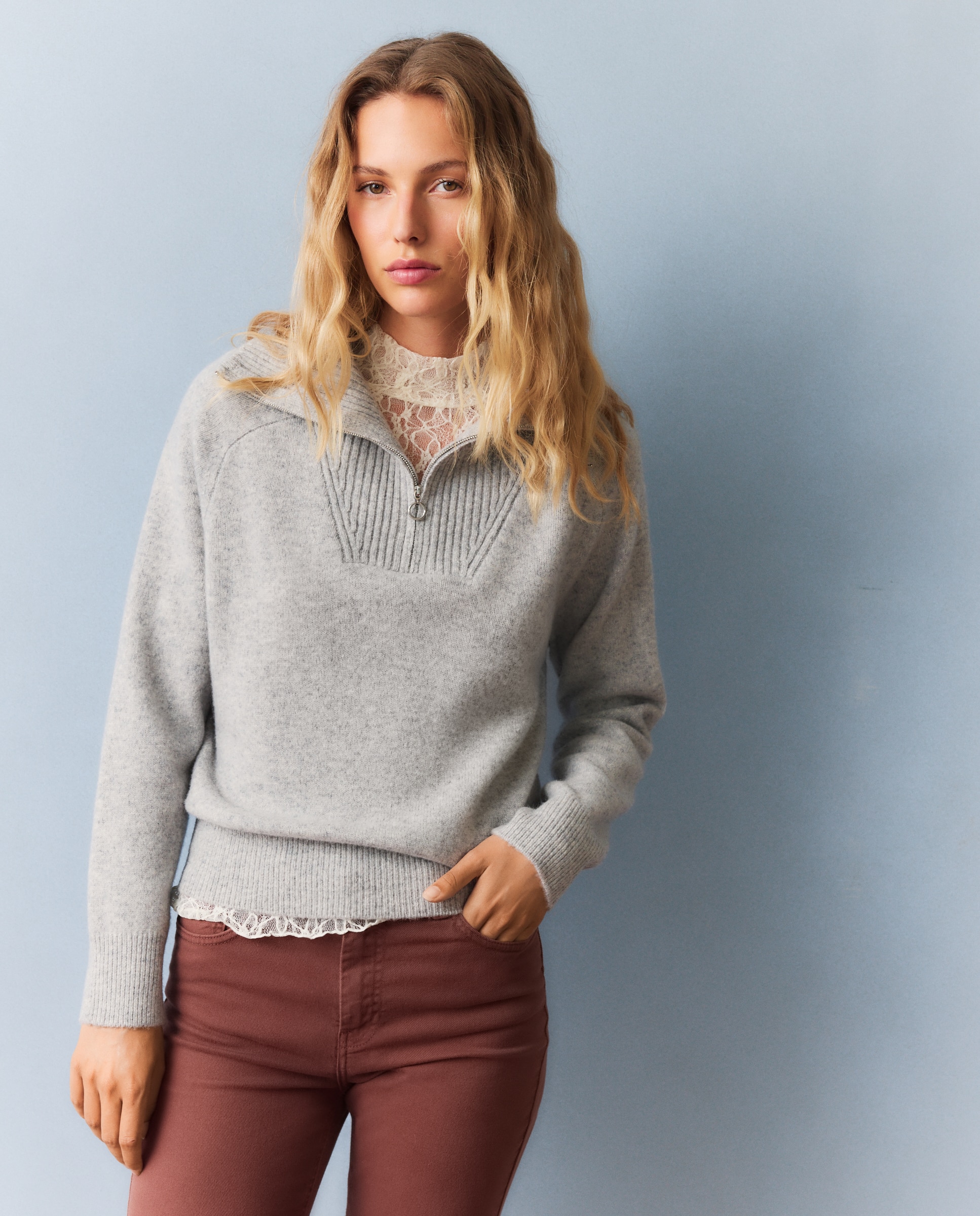 Jersey de mujer lana con cuello cremallera - Southern Cotton - 820 Gris medio 820 Gris medio-1