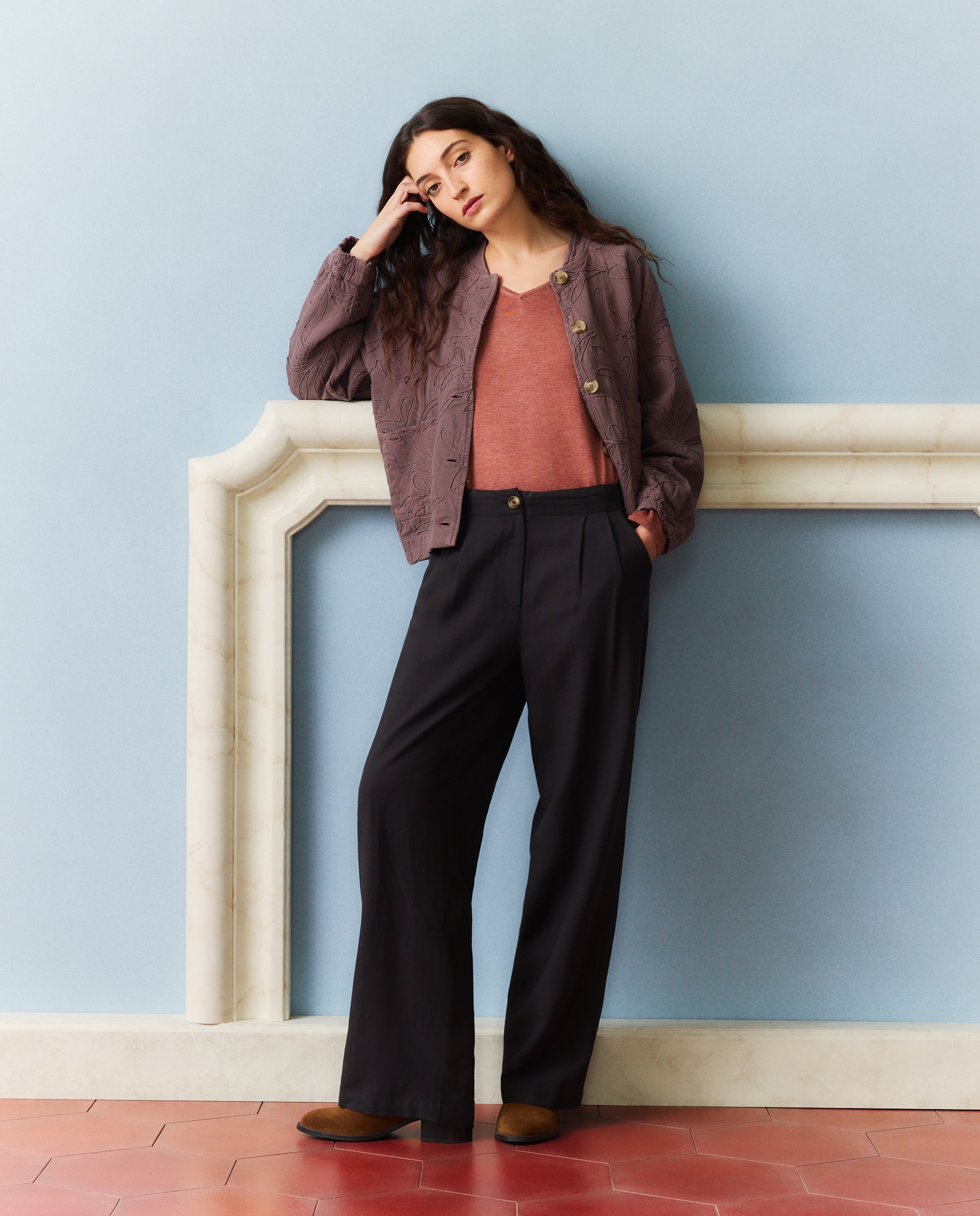 Camisola de malha com decote em bico 230 Rosa Escuro-2
