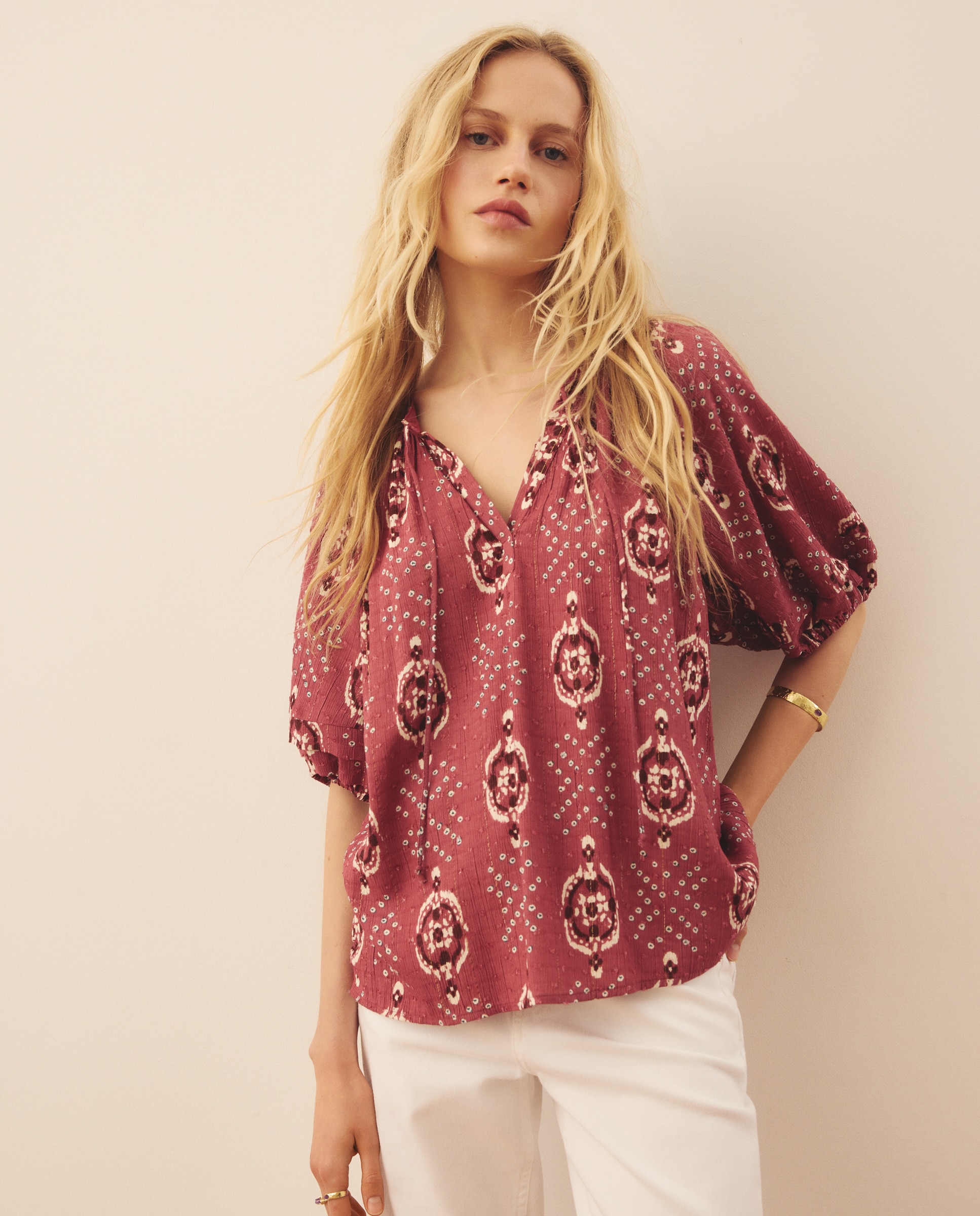 Blusa de mujer de manga farol lurex - Southern Cotton - Rojo Rojo-1
