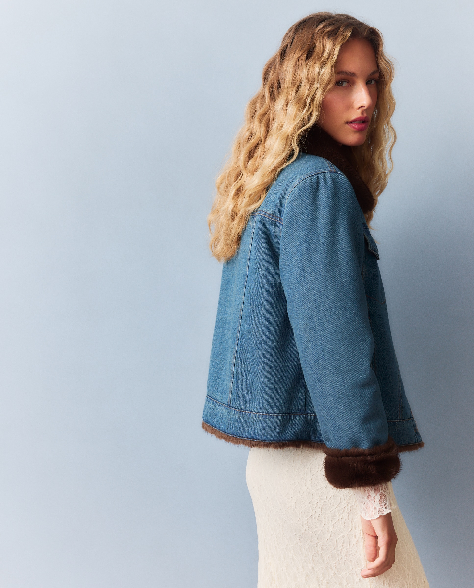 Cazadora reversible de mujer combinada en denim y pelo - Southern Cotton - Azul Suave Azul Suave-3