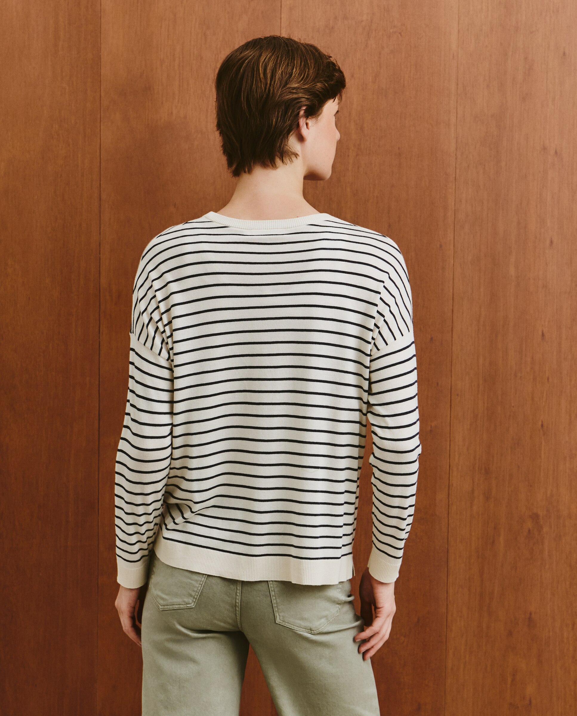 Camisola de Malha de Algodão Lisa Azul-3