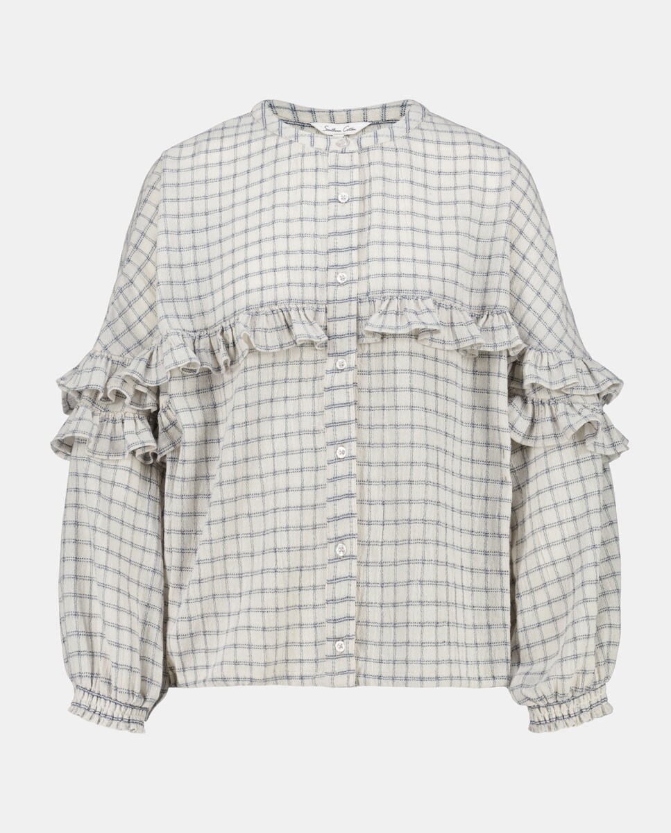 Blusa com Folho aos Quadrados Azul-4