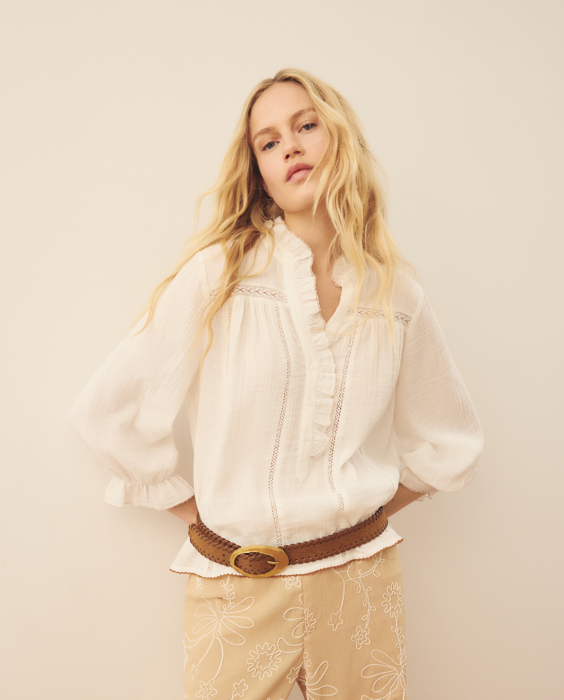 Imagen 1 de Blusa de mujer entredos con volante - Southern Cotton - Blanco Blanco