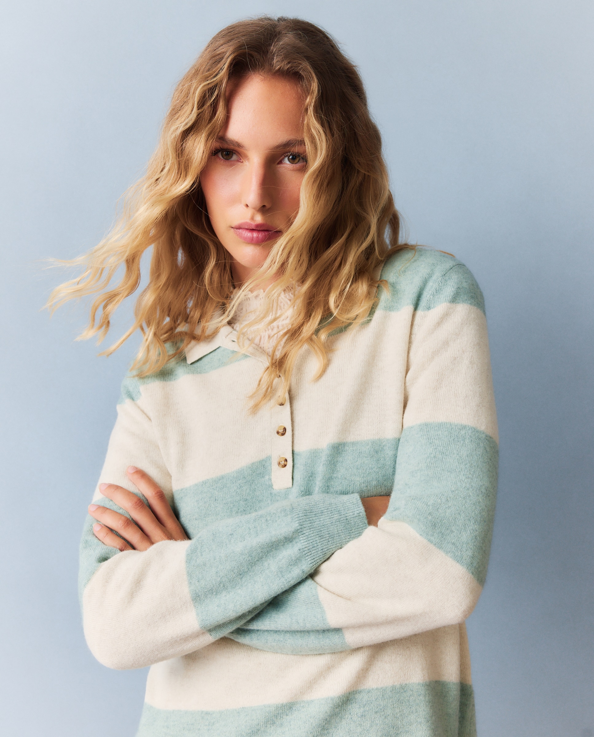 Jersey de mujer cuello polo rayas - Southern Cotton - Verde Verde-1