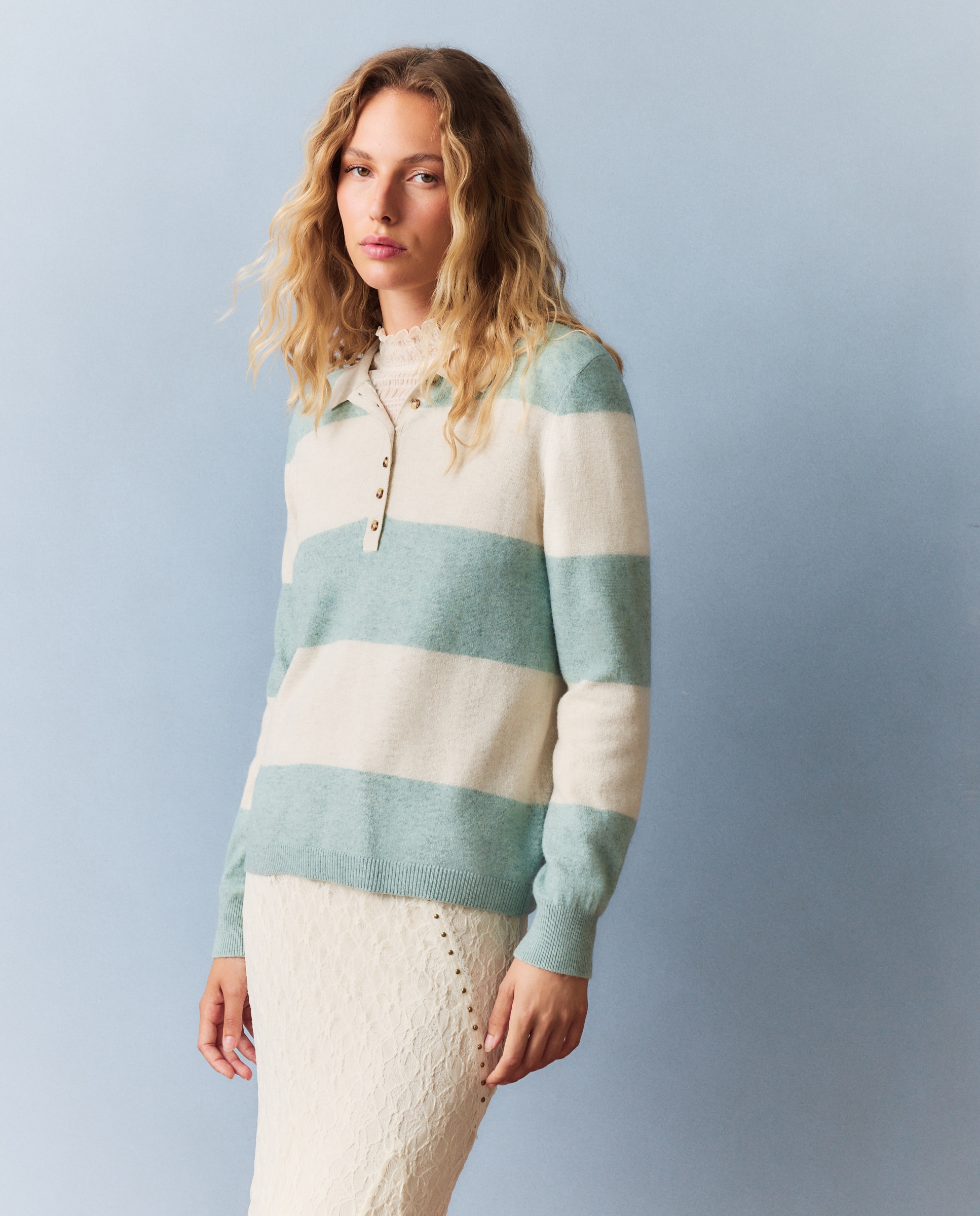 Jersey de mujer cuello polo rayas - Southern Cotton - Verde Verde-4