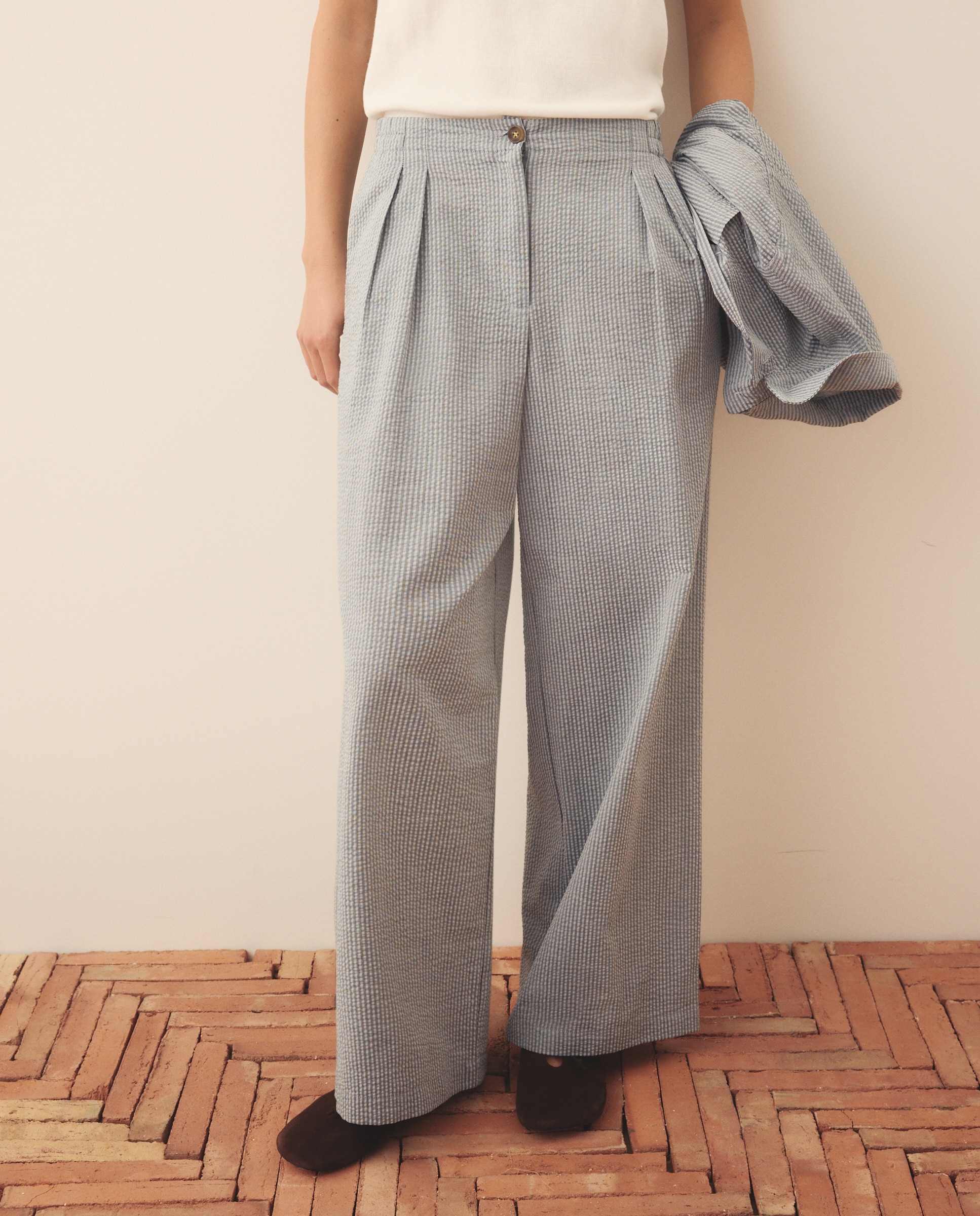 Pantalón liso gomas seersucker de mujer - Southern Cotton - Azul Azul-2