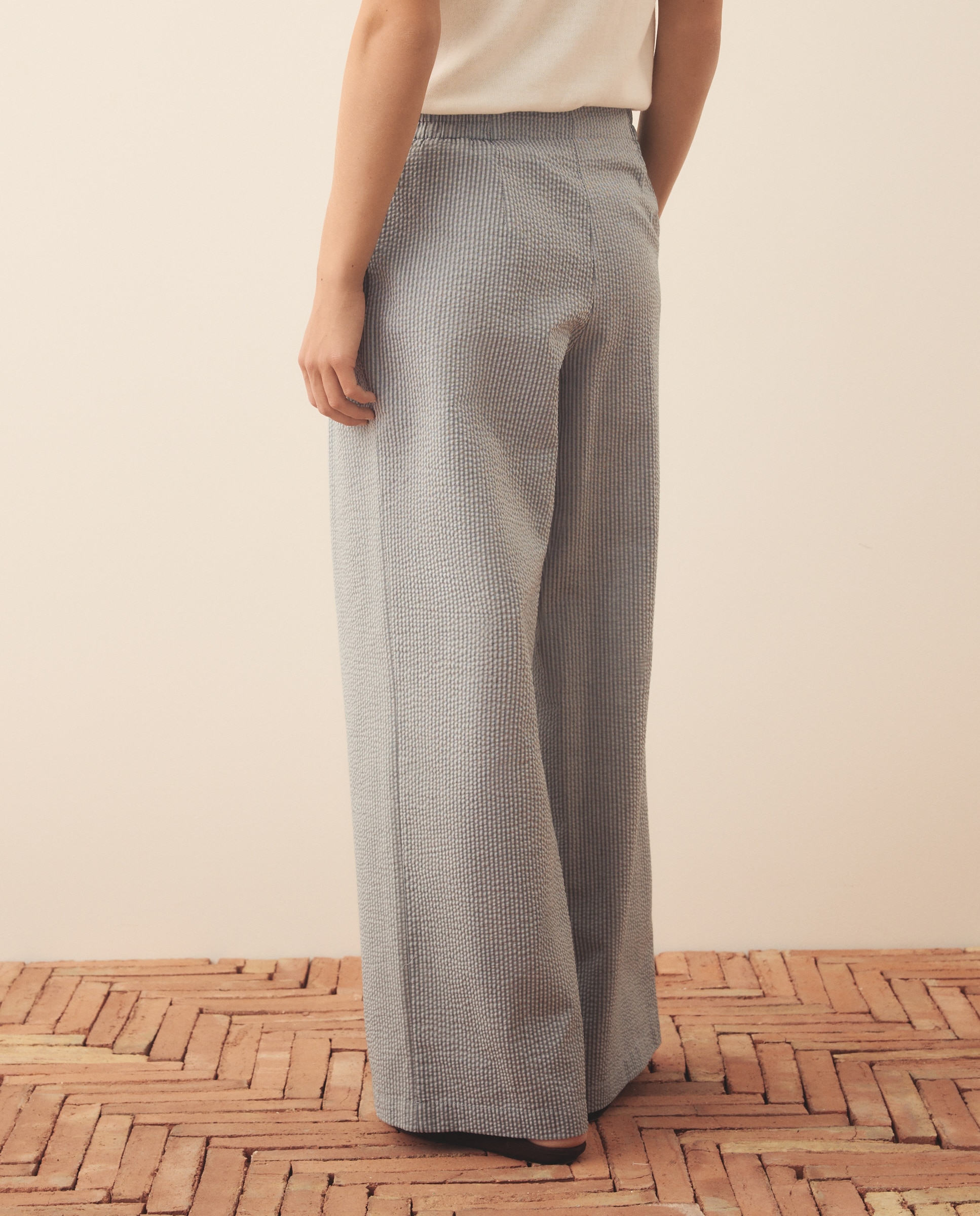 Pantalón liso gomas seersucker de mujer - Southern Cotton - Azul Azul-3