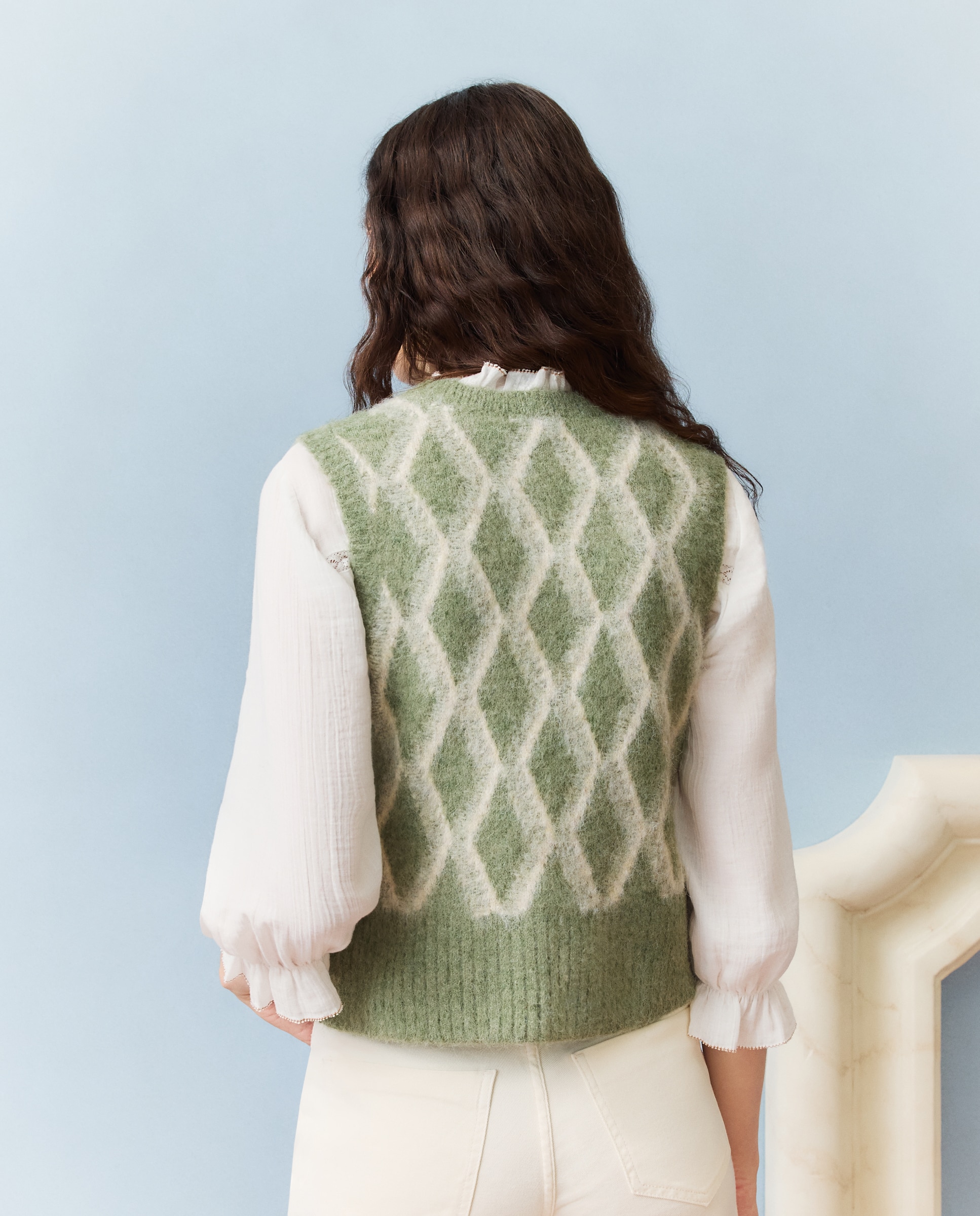Colete com Jacquard de Losangos Verde-3