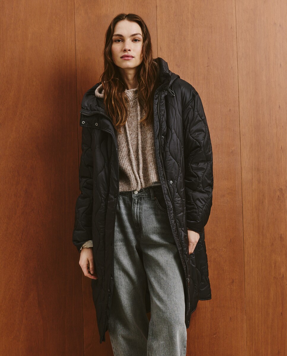 Blusão Acolchoado Liso Comprido Chumbo-2