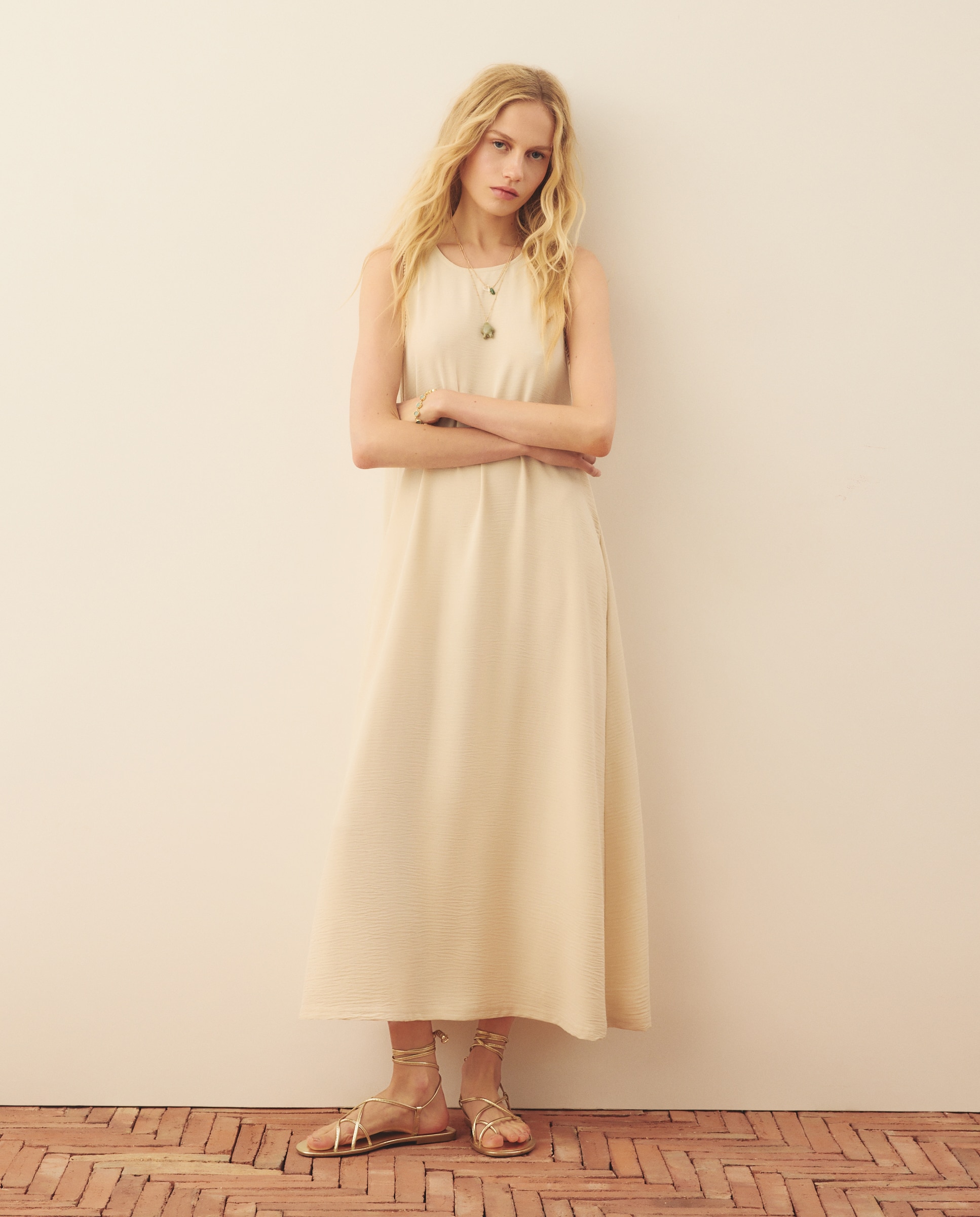 Vestido midi de punto sin mangas - Southern Cotton - Beige Beige-3