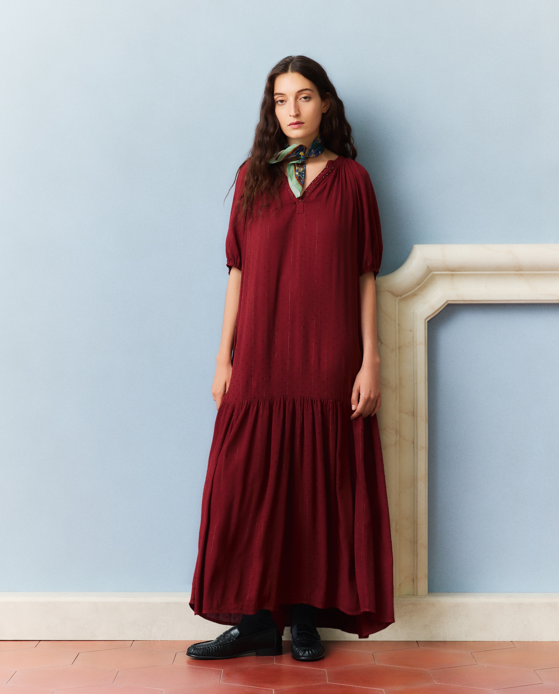 Vestido midi liso con plumeti y lurex - Southern Cotton - 600 Rojo 600 Rojo-1