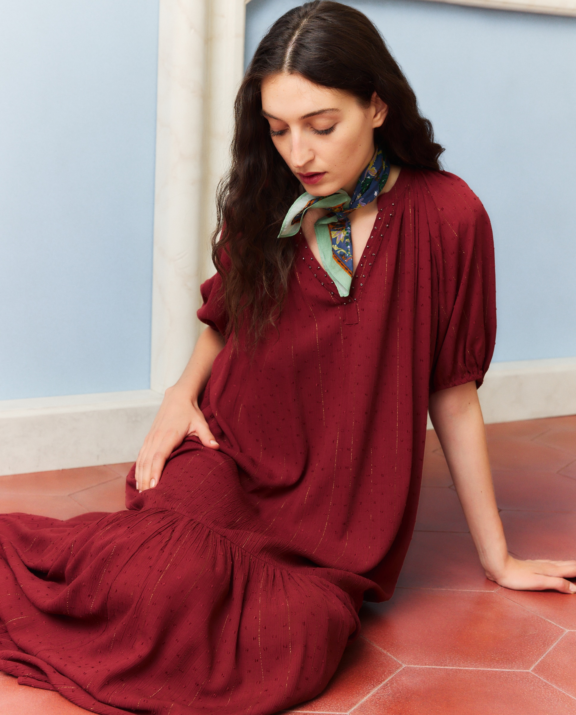 Vestido midi liso con plumeti y lurex - Southern Cotton - 600 Rojo 600 Rojo-2