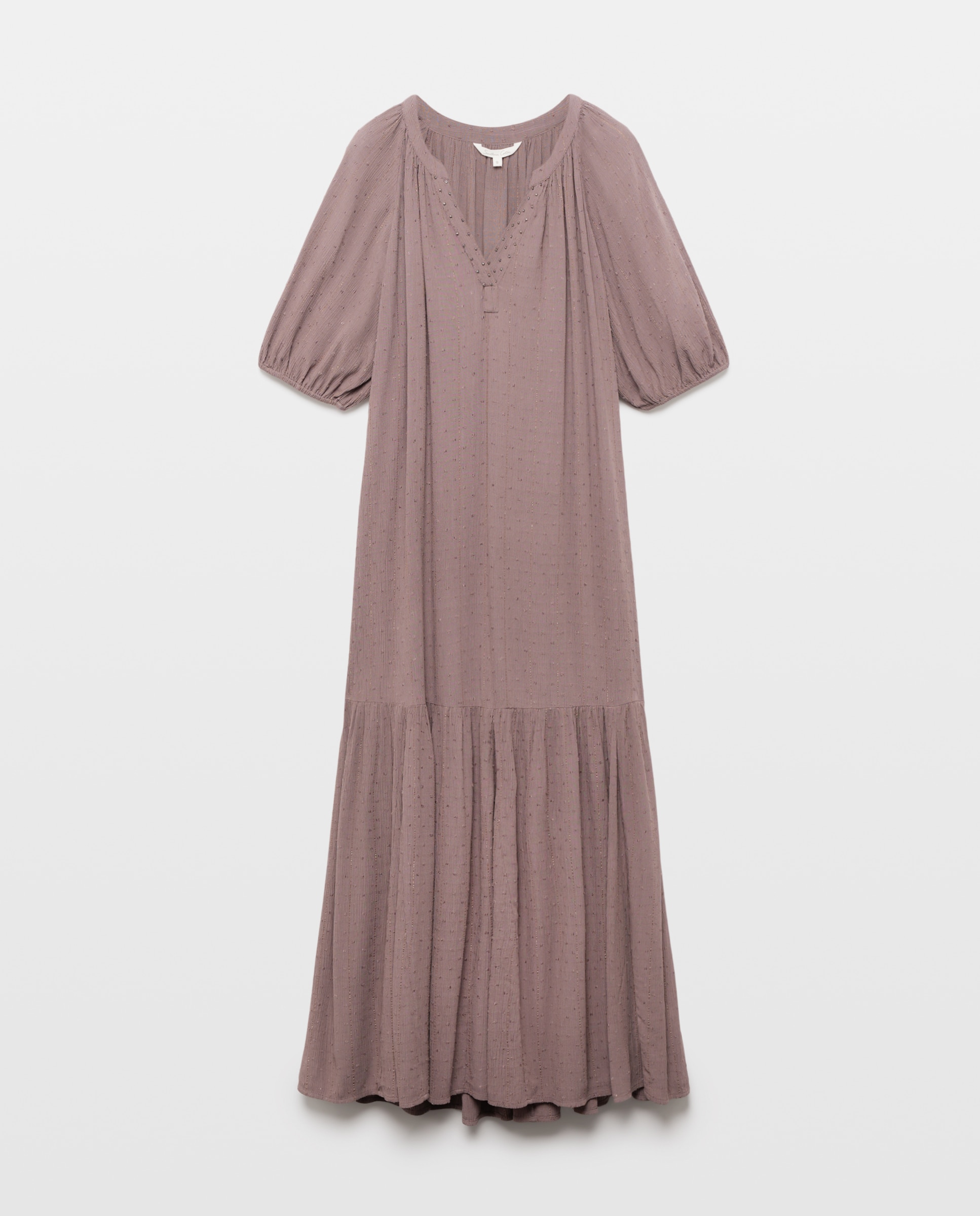 Vestido Midi Liso com Plumeti e Fio Metalizado Vison Claro-5