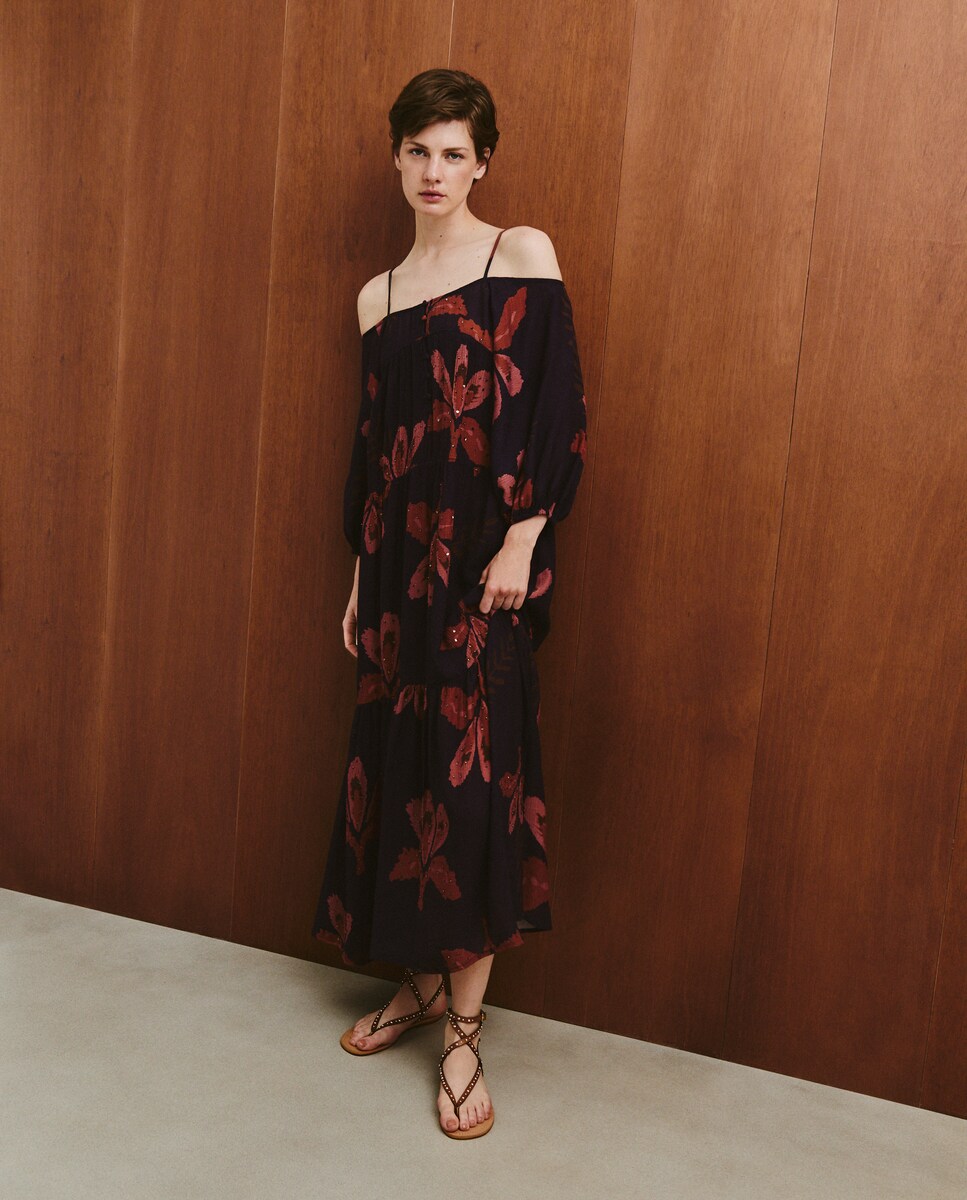 Vestido de Estampado Floral Grande com Pérolas Rosa-2