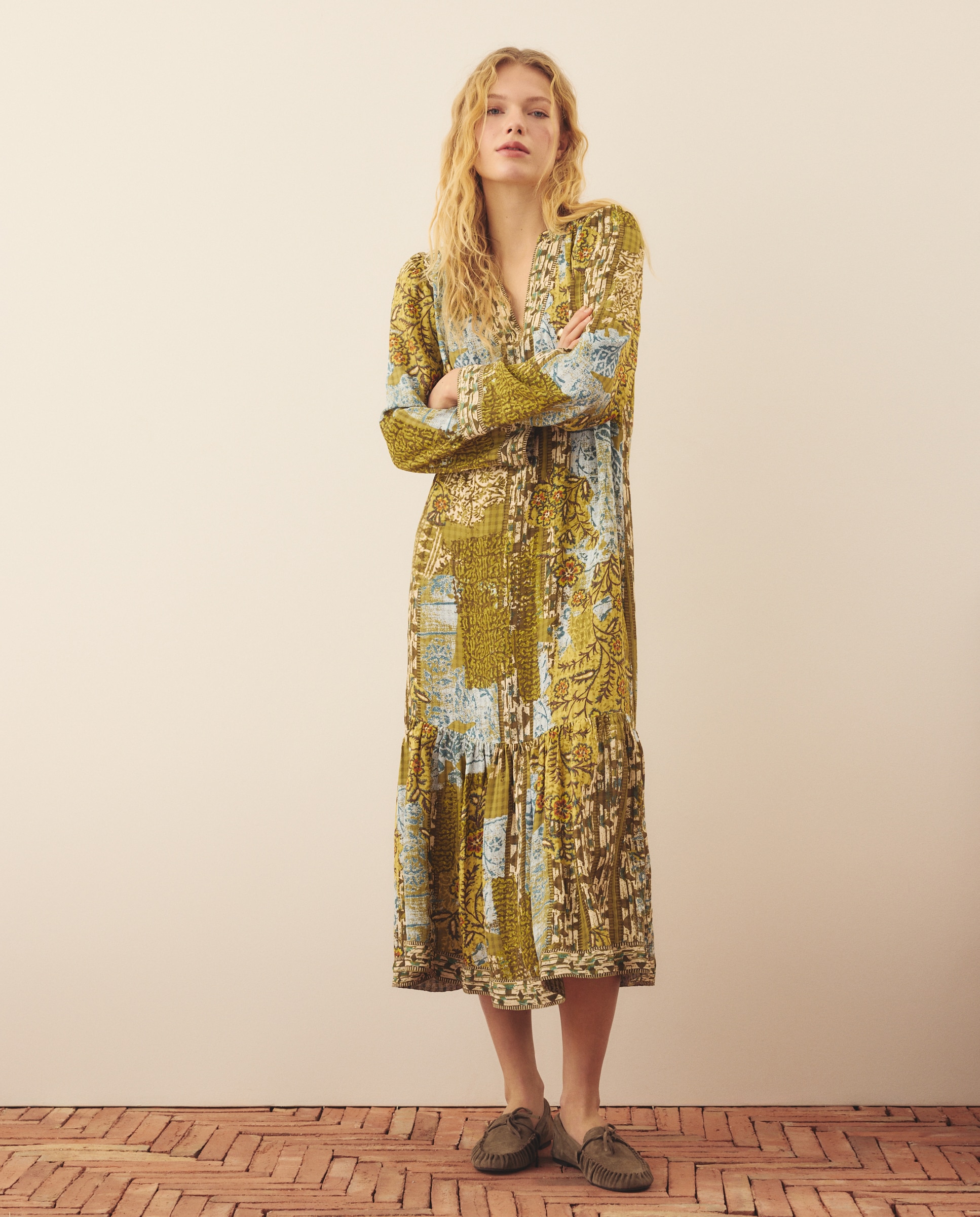 Vestido Midi com Manga 3/4 e Estampado Verde-1