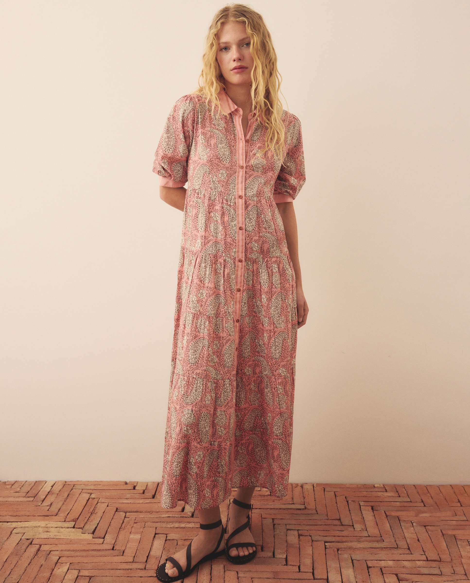Vestido camisero con estampado - Southern Cotton - Blanco Rosa-1