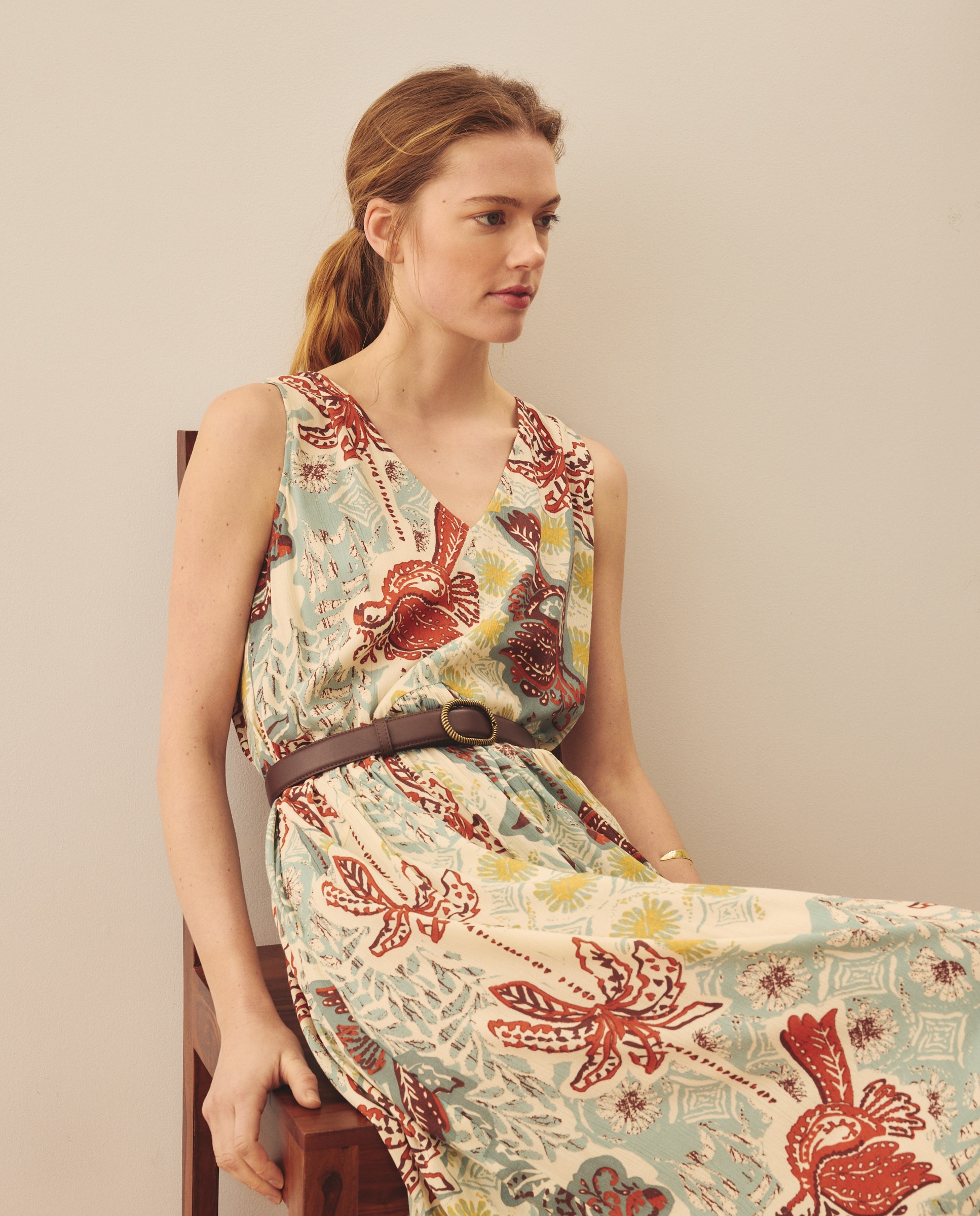 Vestido comprido estampado sem mangas Verde-2