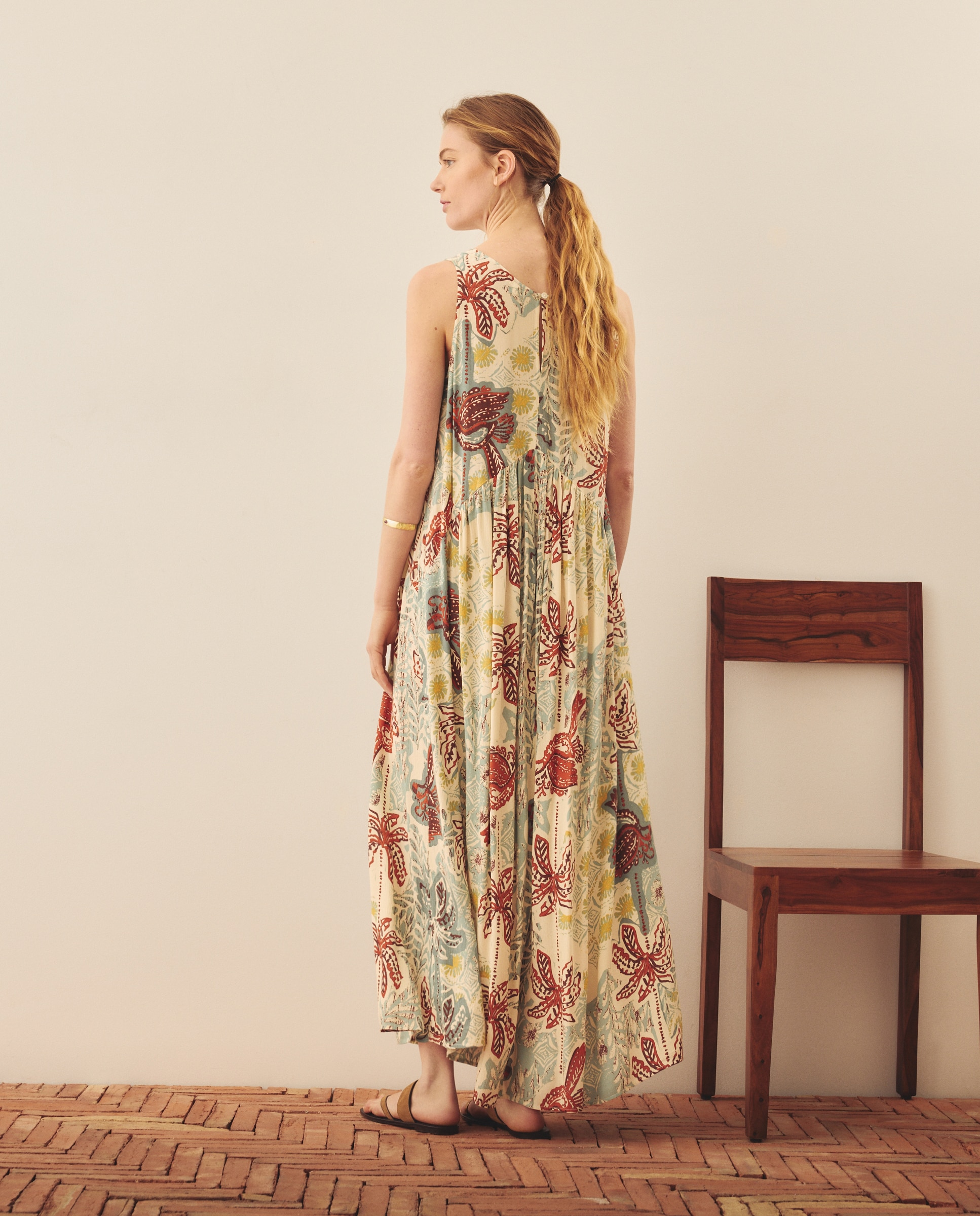 Vestido comprido estampado sem mangas Verde-3
