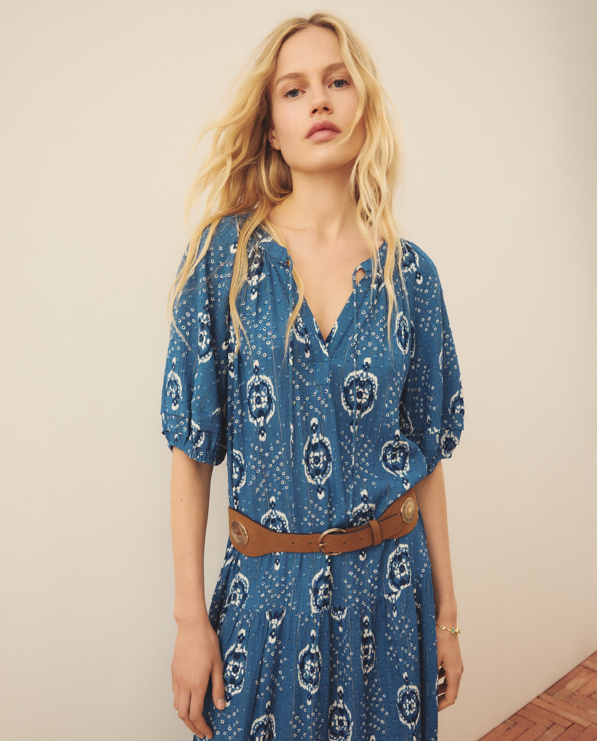 Imagen 1 de Vestido estampado de manga farol abierto - Southern Cotton - Azul Azul