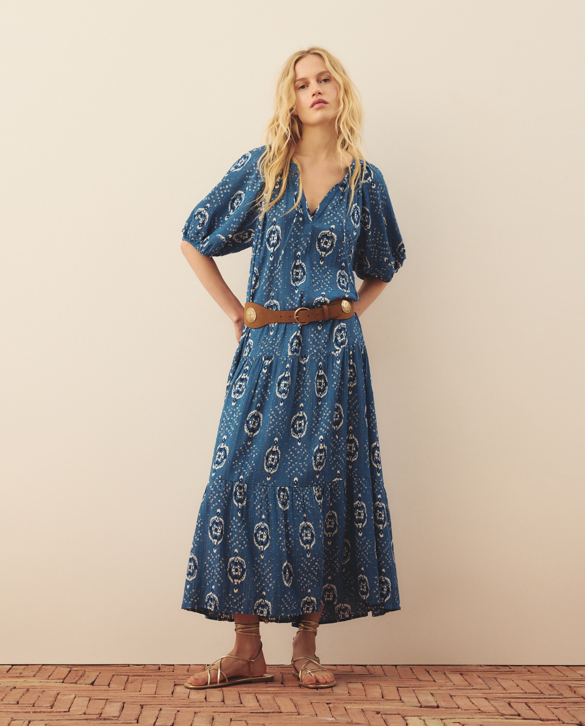 Imagen 2 de Vestido estampado de manga farol abierto - Southern Cotton - Azul Azul