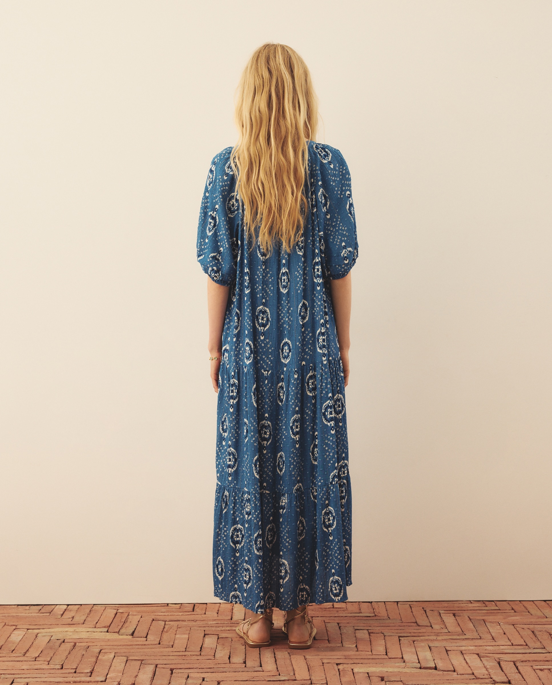 Imagen 3 de Vestido estampado de manga farol abierto - Southern Cotton - Azul Azul
