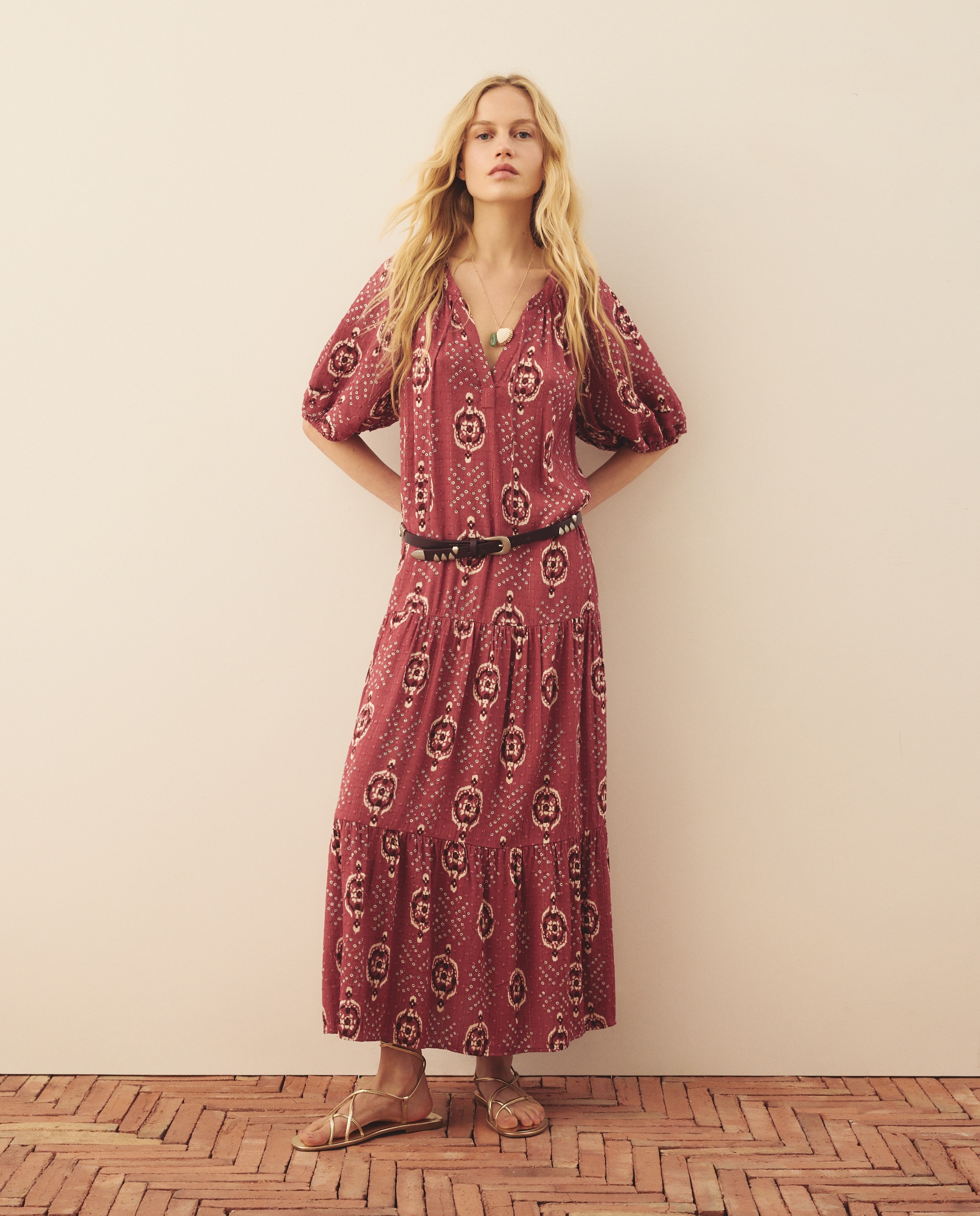 Imagen 2 de Vestido estampado de manga farol abierto - Southern Cotton - Rojo Rojo