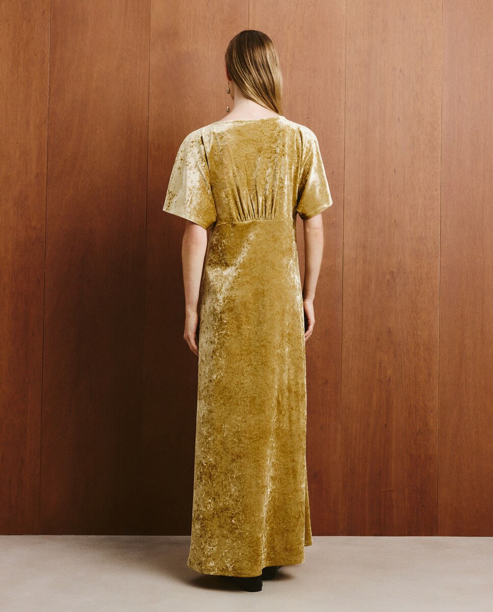 Vestido Liso de Veludo Mostarda-3