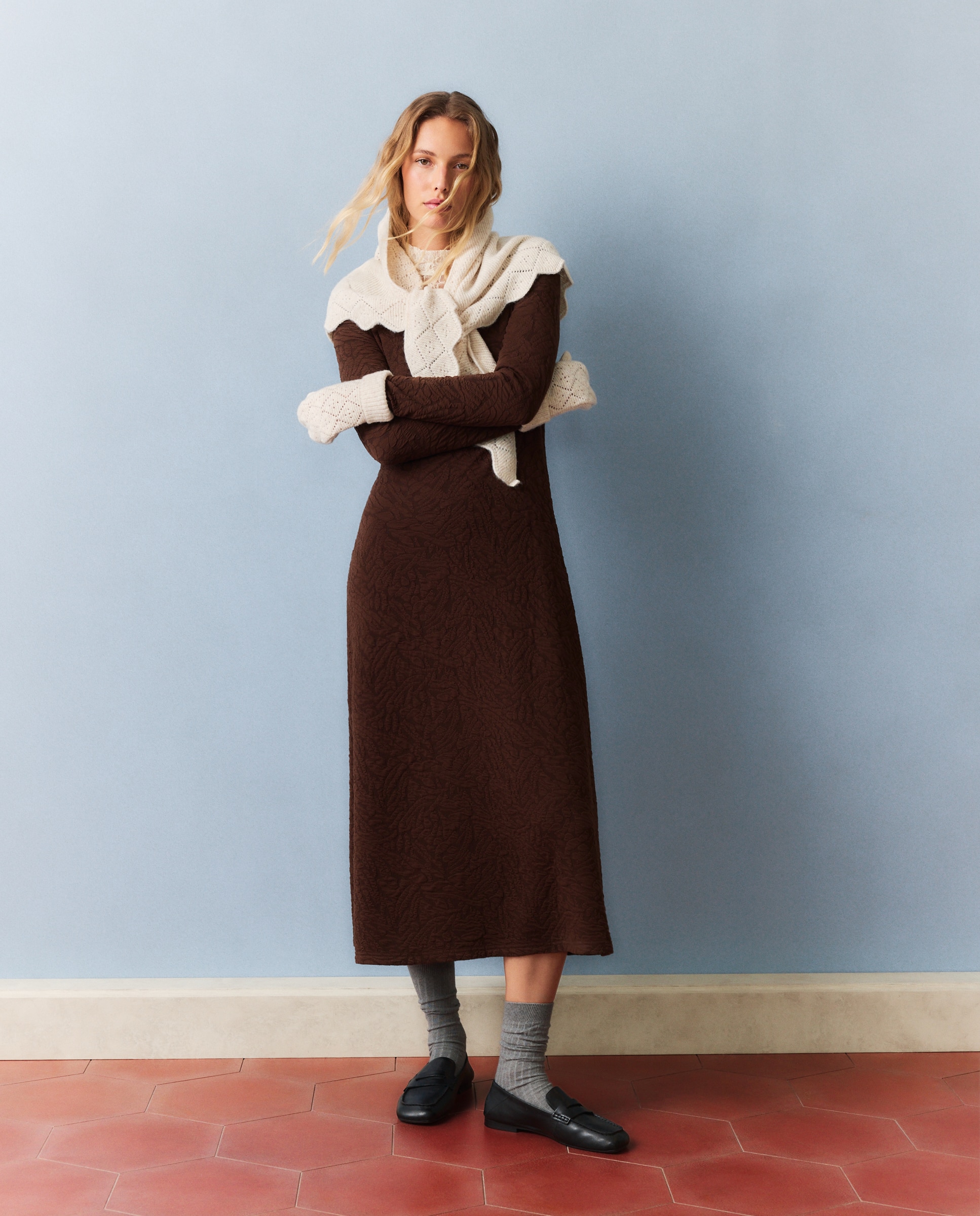 Vestido de punto texturado - Southern Cotton - Marrón Marrón-2